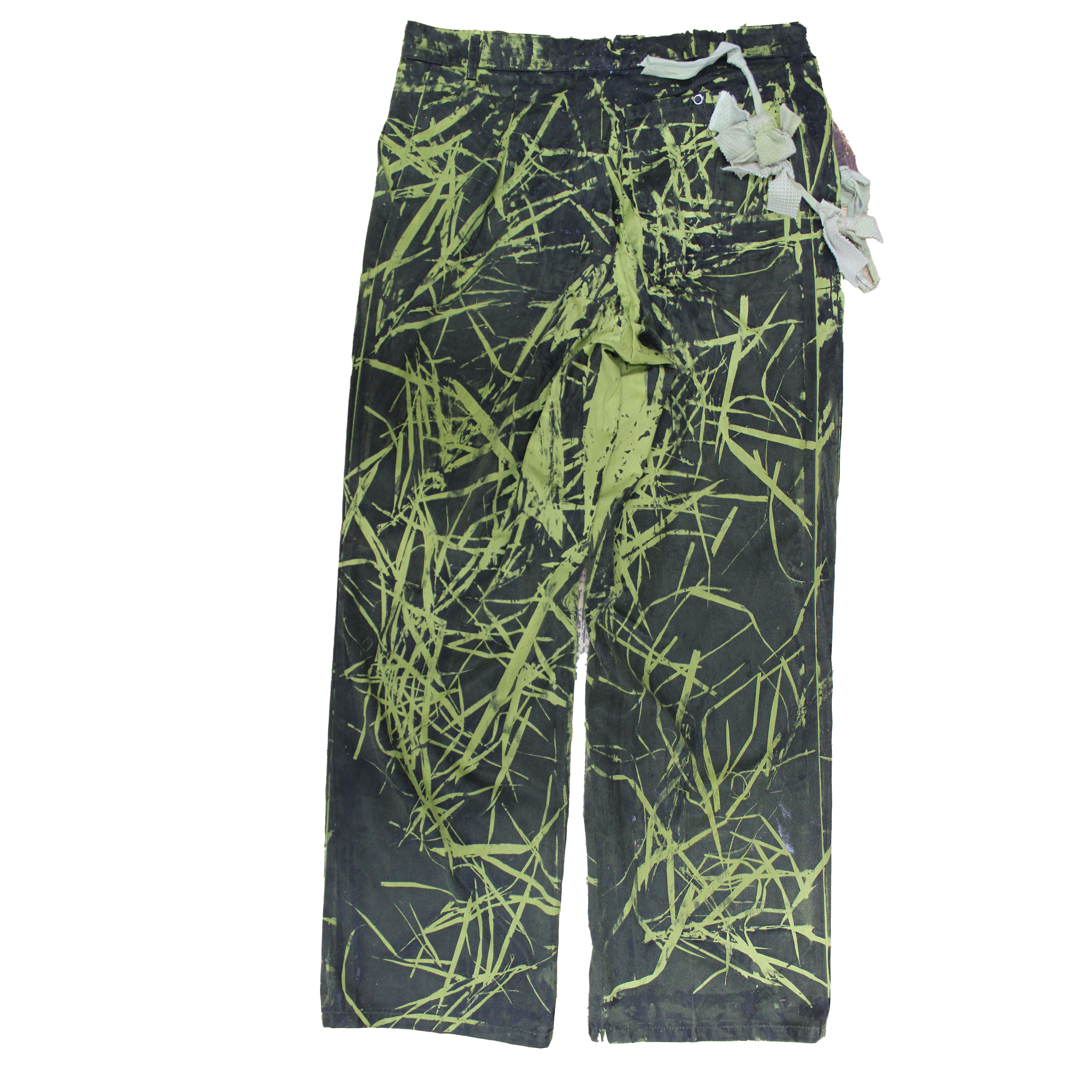 reclaimed vintage surplus denim screen printed with textile dye & grass resist. tailored for straight/wide fit. fitted with custom keychain, scrap chain, and leather patches