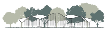Inspired by the Japanese principle ‘borrowed scenery’, the central pavilion embeds itself within the beautiful landscape of the site to frame picturesque views and spaces while providing trees with full foliage during warmer seasons for birds to hide in.