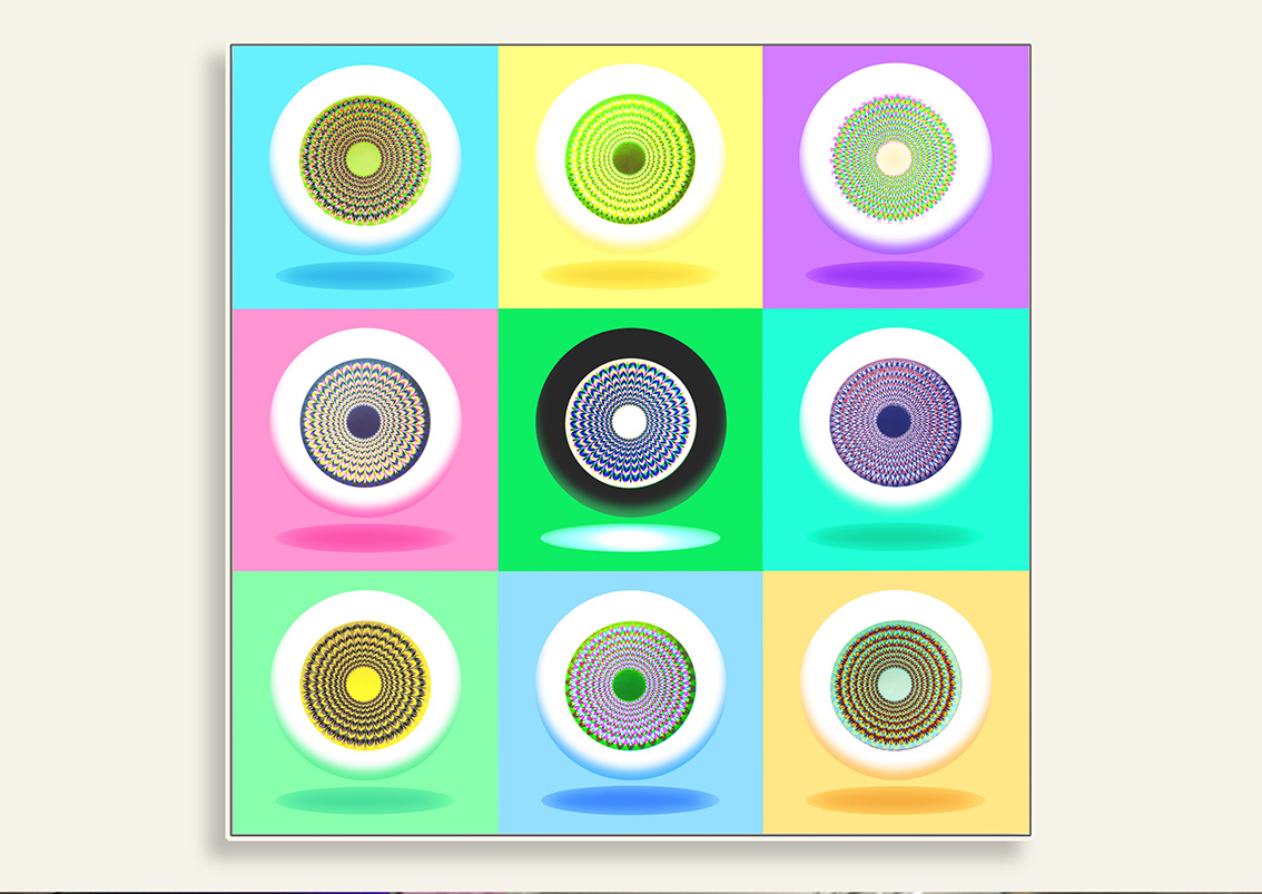 TABLEAU 9 OBLO OEIL irisé et ombré- 2023. 150x150 cm. Impression sur toile et chassi