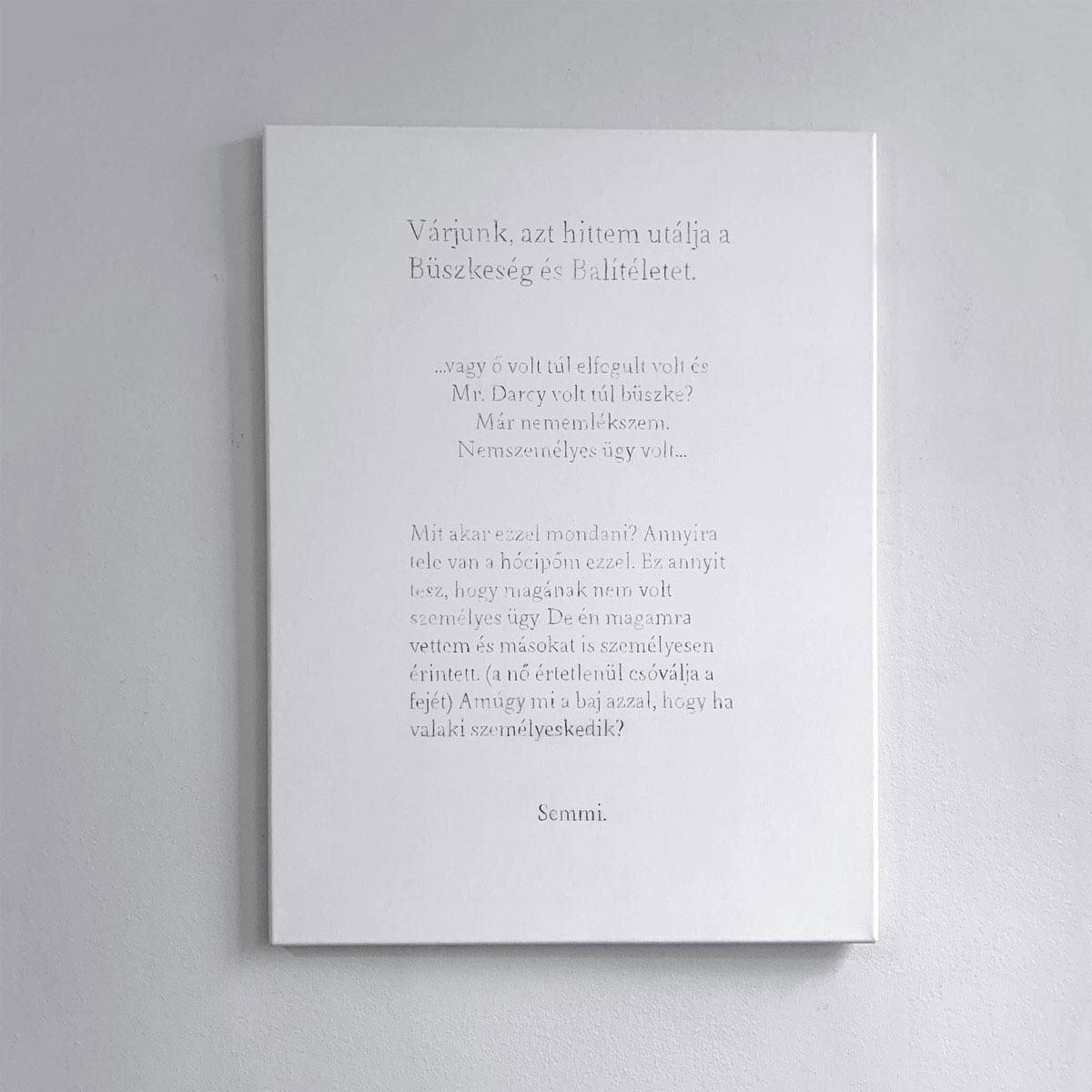 11/20 — ILLATSZERTÁR (PARFUMERIE).  Inspired by her pursuit of learning to speak and write Hungarian, Quinn revisits the exploration of language as form in the project Illatszertár (Parfumerie). The title references the play of the same name, written by the Hungarian-born Miklós László. After László immigrated to America, Illatszertár was used as the storyline for the motion pictures The Shop Around the Corner, and, more recently, You've Got Mail. For the works created for Illatszertár, Quinn surveys these films' English scripts, extracting and translating text selections, returning their collective story to their language of origin. The project takes form across fifteen graphite works on linen, three photographs, and a printed pamphlet, 2019.