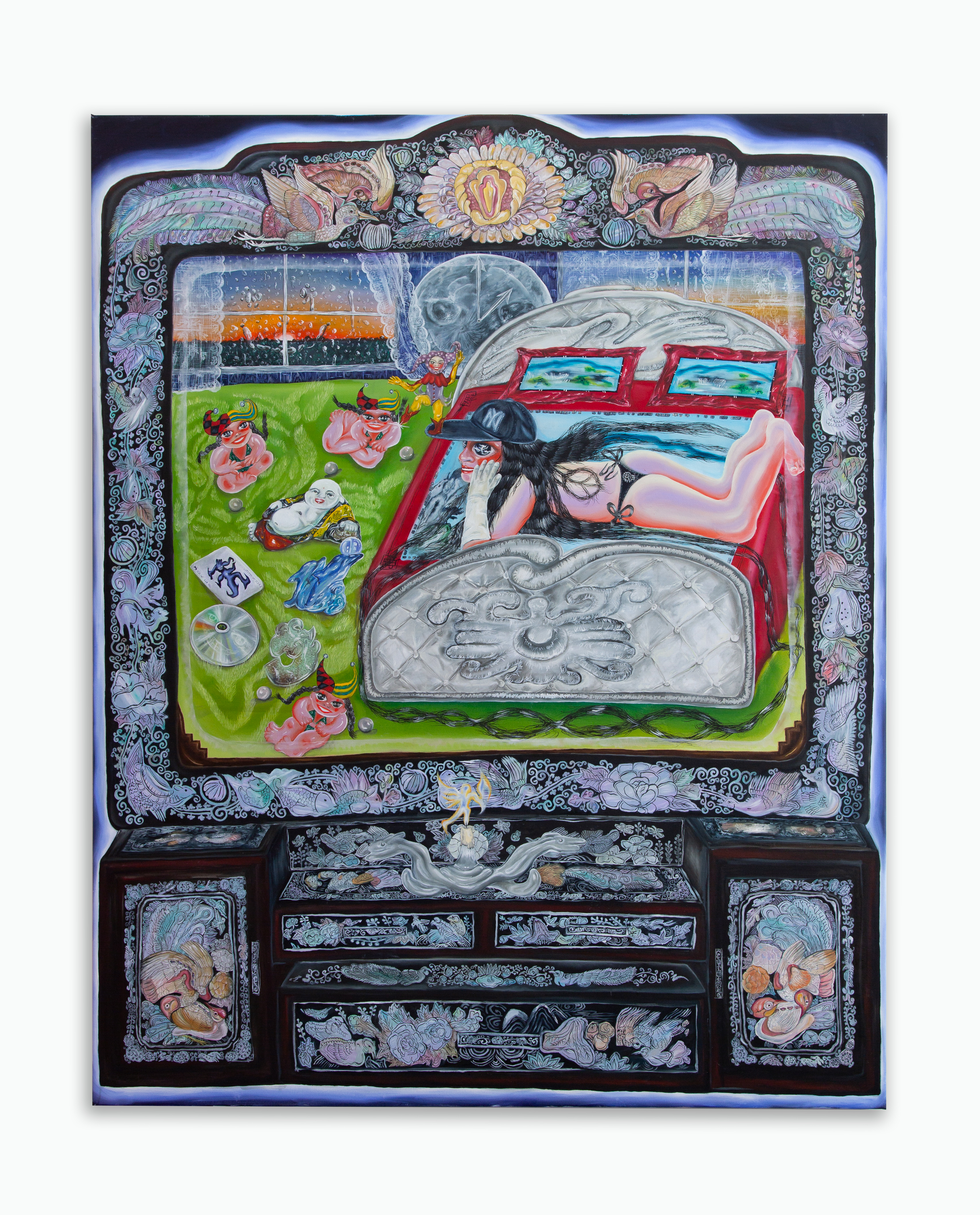 Jacquie Meng Mother of Pearl Jester Dresser 2024 Oil on canvas 155 x 122 cm, Image Remy Faint