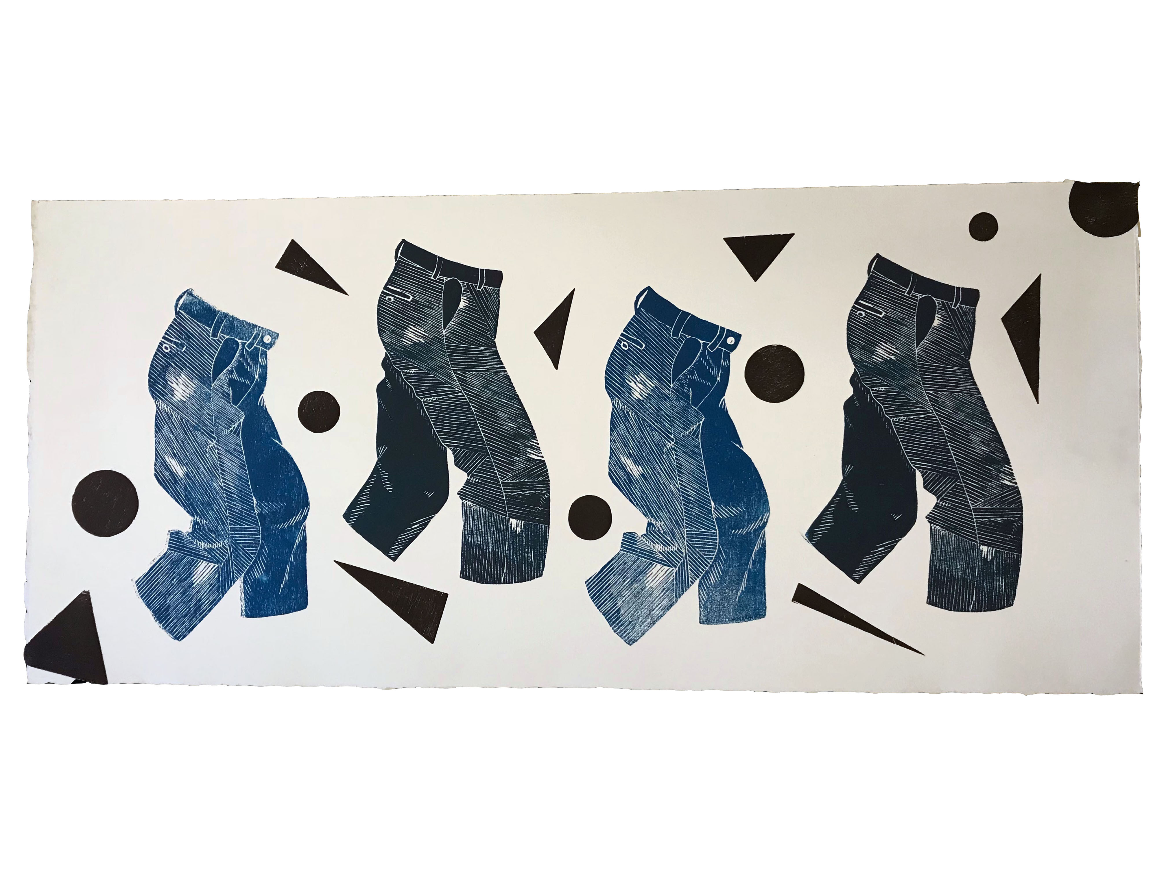 "Walking Jeans." Woodcut. 14"x27"