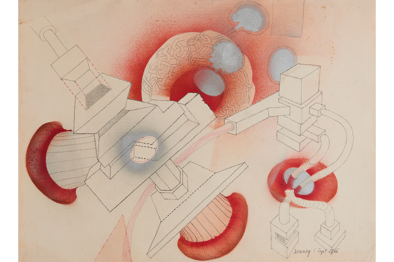 Juan DowneyUntitled, 1966 (1 de septiembre)Grafito, lápices de colores y pintura en spray sobre papel56.5 x 76.5 cm