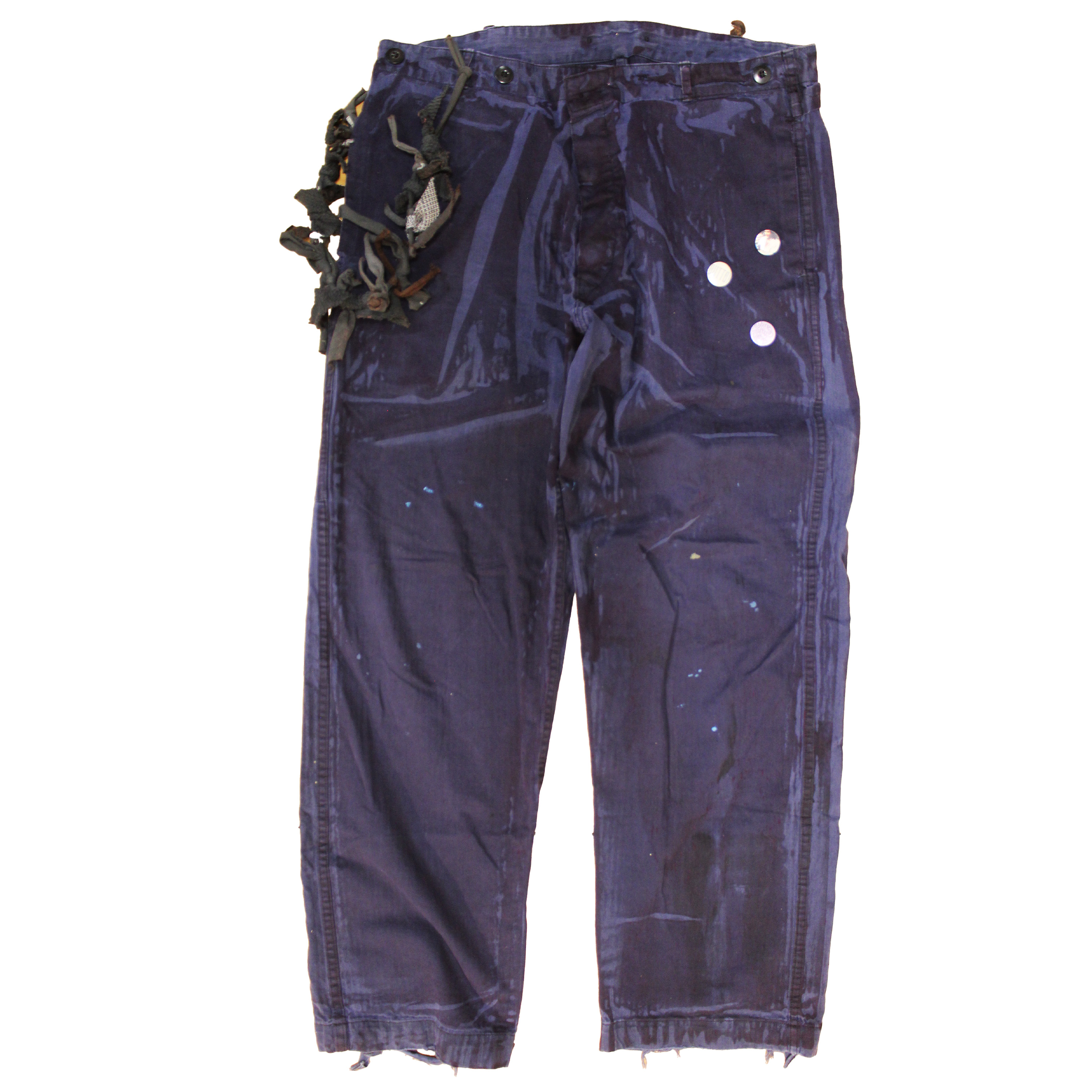 reclaimed vintage surplus denim screen printed with textile dye & various metals. tailored for straight/wide fit. fitted with custom keychain, scrap chain, and leather patches