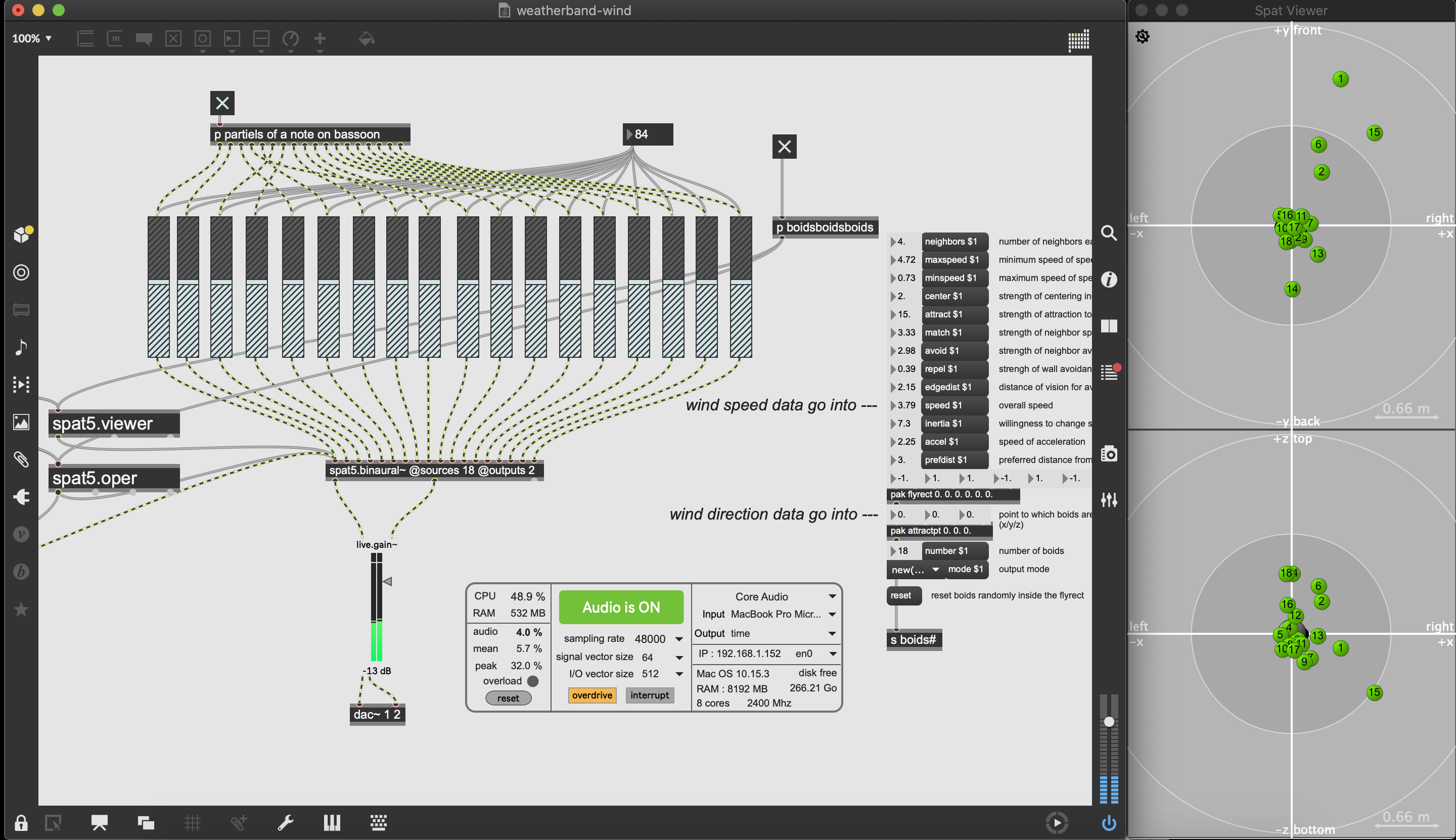 Simulate an experience of being an extraterrestrial being who would hear sound as partiels or overtones. These partiels would even be blown awayed by winds on that planet. I divided a note on the bassoon into partiels and laied them out in a space. These partiels are controlled by a boids system which is controlled by the real-time wind datas in brooklyn.