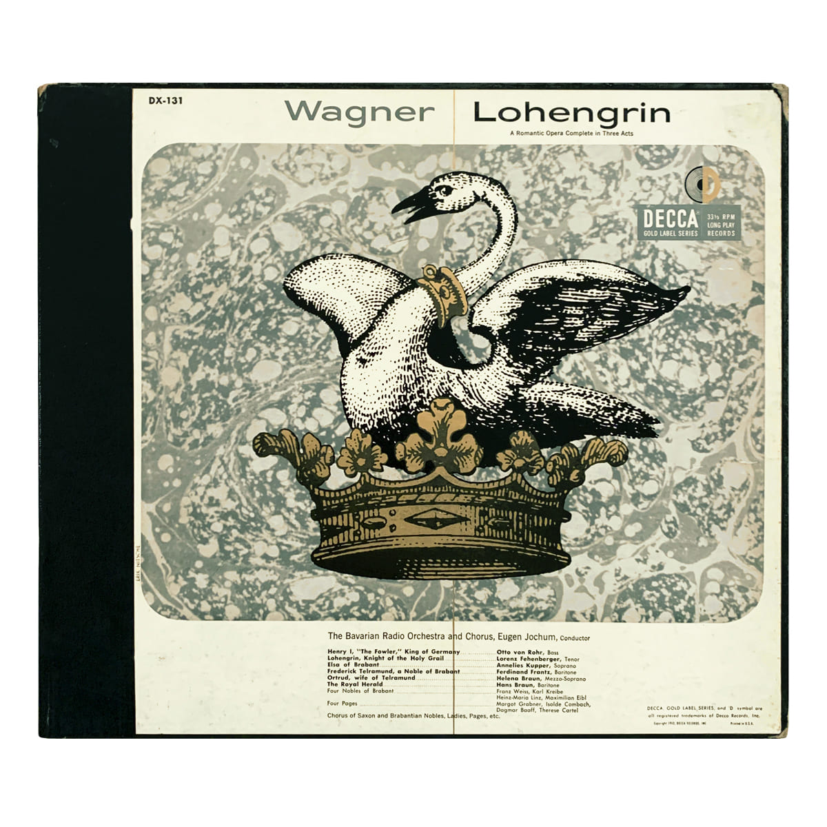 Decca Gold DX 131 (DL 9711/9712/9713/9714) Richard Wagner - Lohengrin Symphonieorchester und Chor des Bayerischen Rundfunks - Eugen Jochum Otto von Rohr | Lorenz Fehenberger | Annelies Kupper | Ferdinand Frantz | Helena Braun | Hans Braun Design: Erik Nitsche (credited)