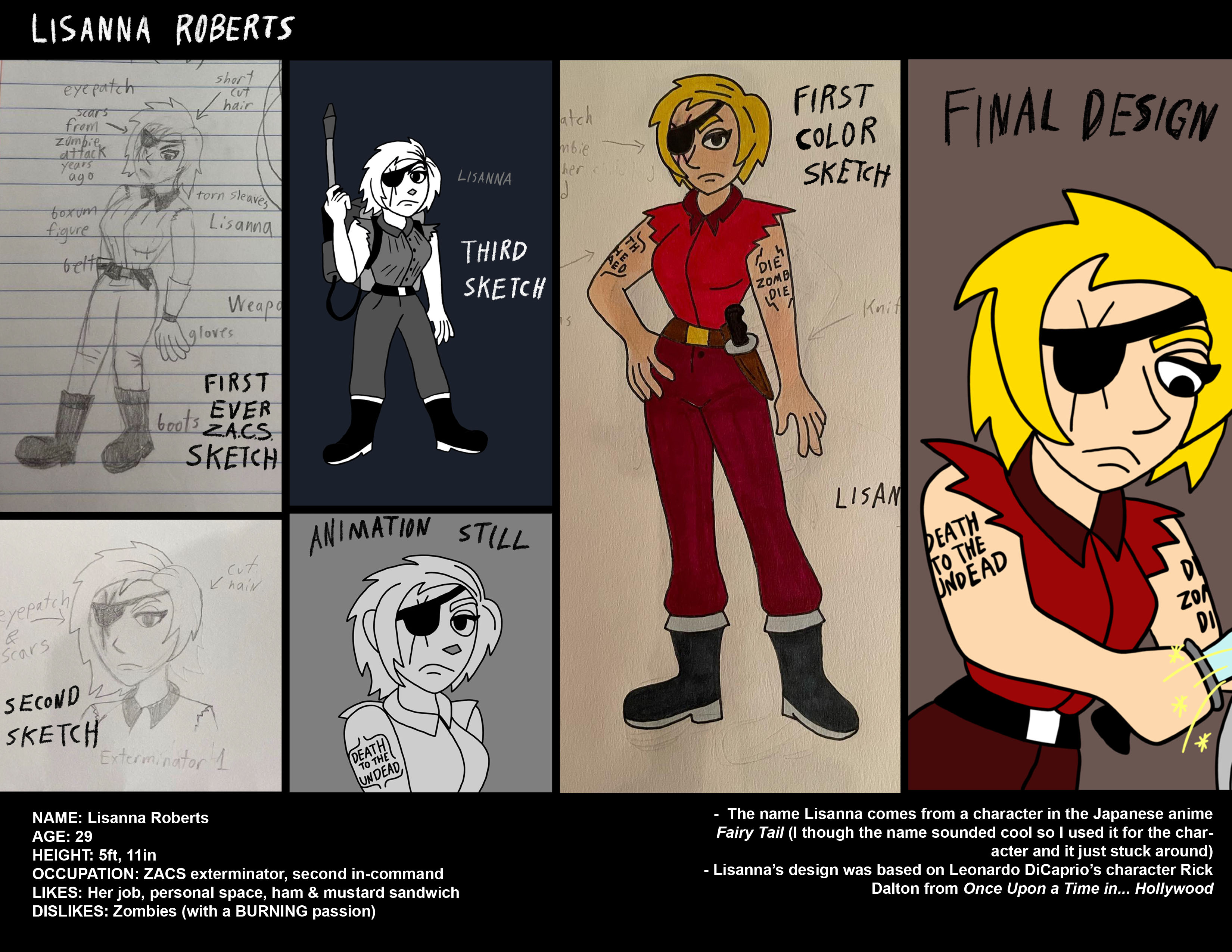 ZACS Lisanna character sheet, Digital collage, made in Photoshop, 8.5x11 inches, 2023