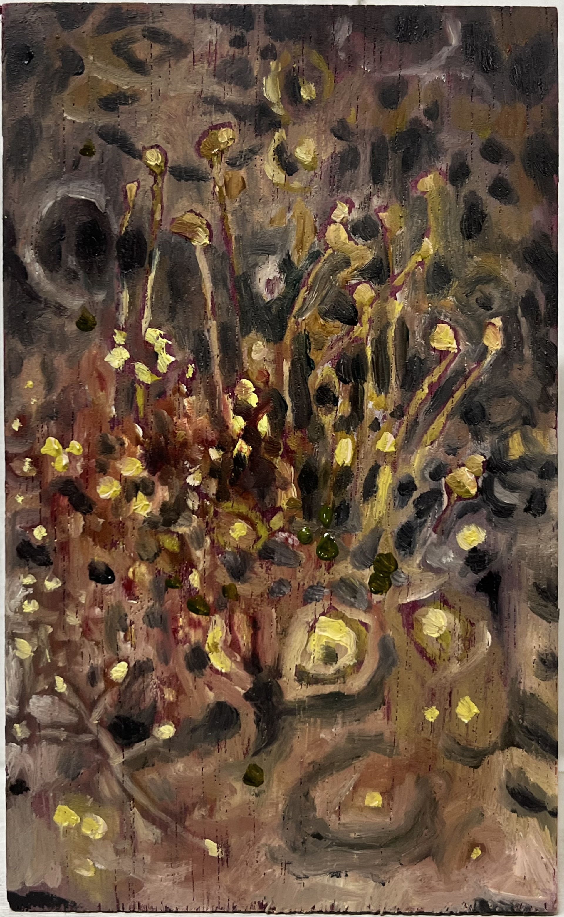 still life with moss | 3 x 5.5 inches | oil on purple heart board