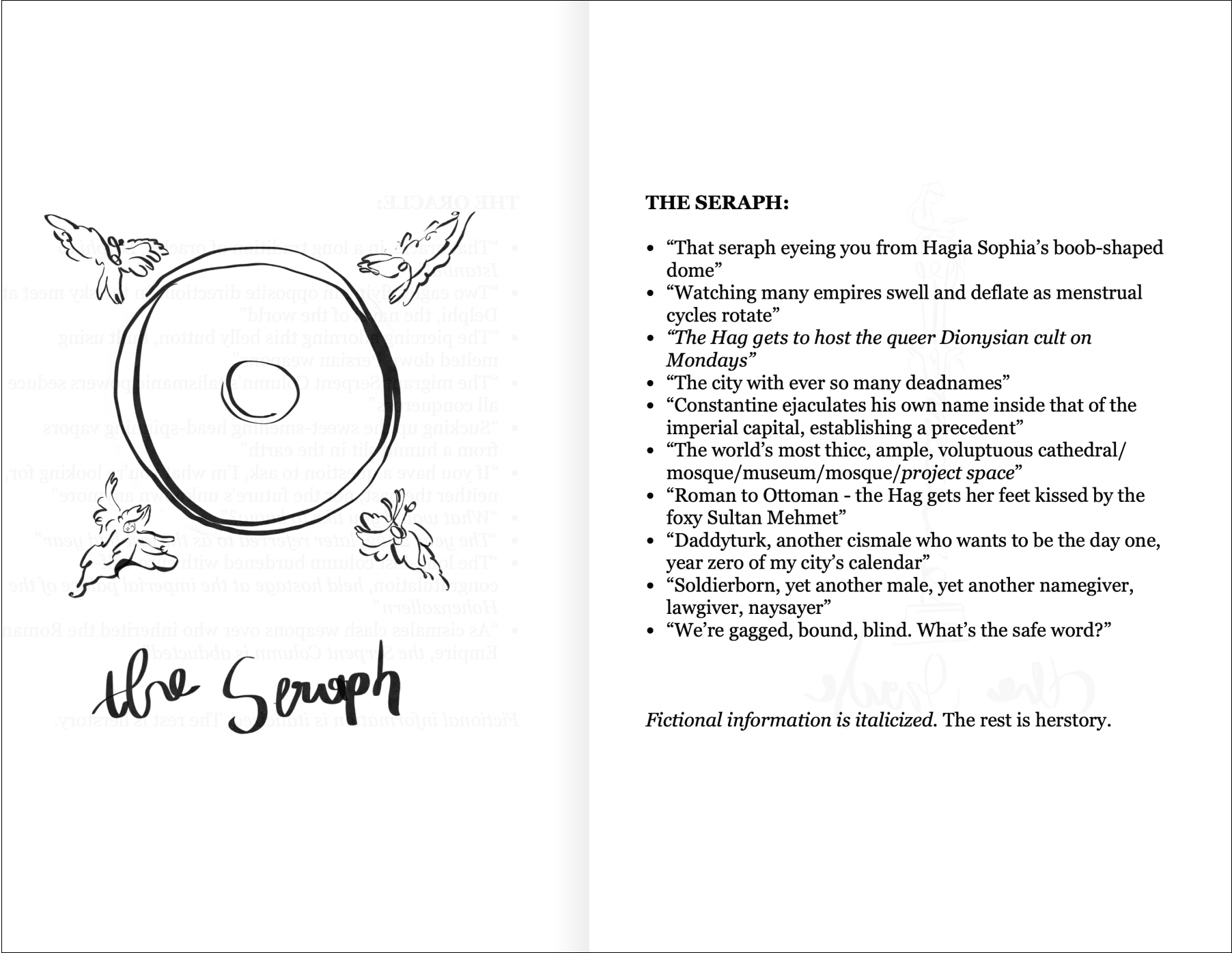 The Seraph’s song titles, from the performance booklet, The Seraph and The Oracle, 2022