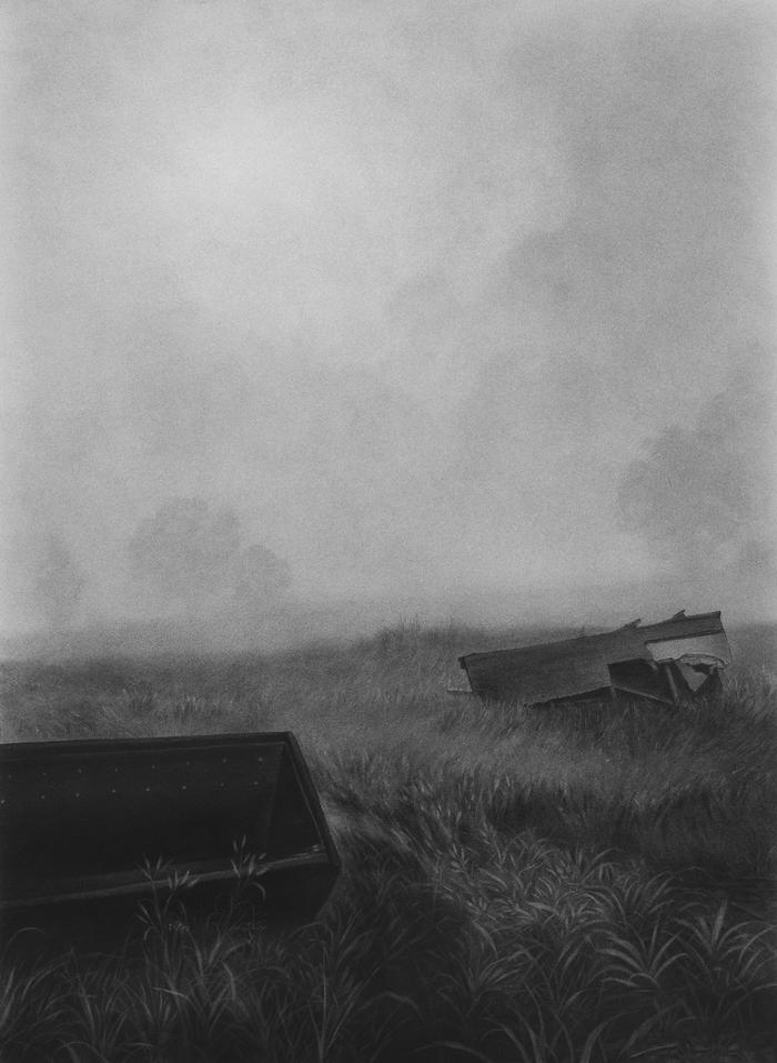 A moody, black and white charcoal drawing of a field and a foggy, impenetrable sky. Tall grass seems to sway and flow, and, like water, two pieces of wreckage that look like boats rest on top.