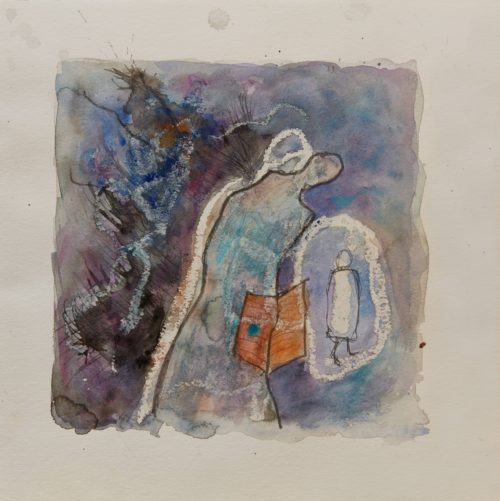 Vrouw met deurtje Werk op papier, 2018 30 x 30 cm  Gebruikte technieken: aquarelverf, oliepastel.  Dit werk is verkocht.