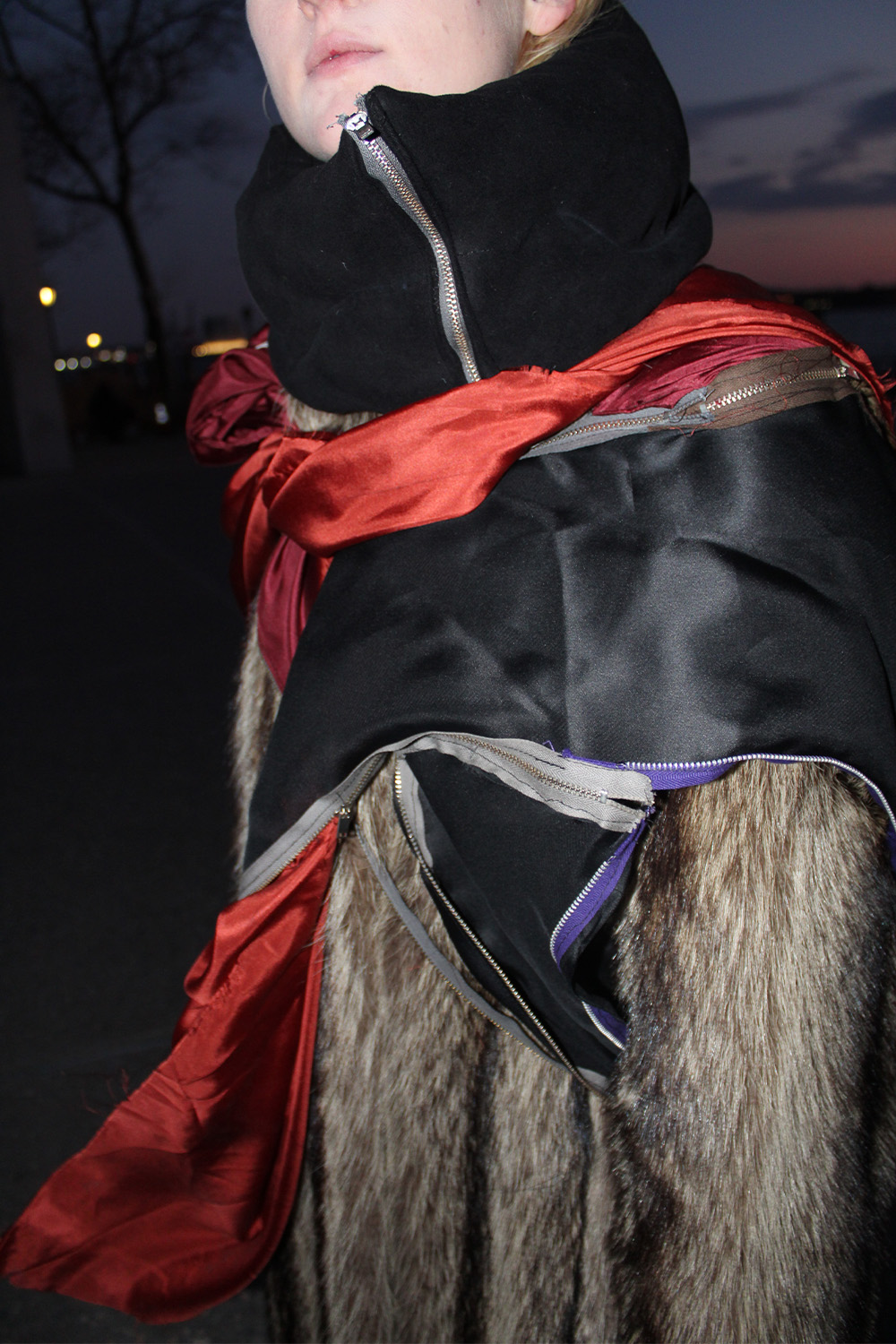  Mari in “dozen drape” styling experiment (draped deadstock zippers and various silk scraps and cotton moleskin scrap)  shot in New York, NY 2022