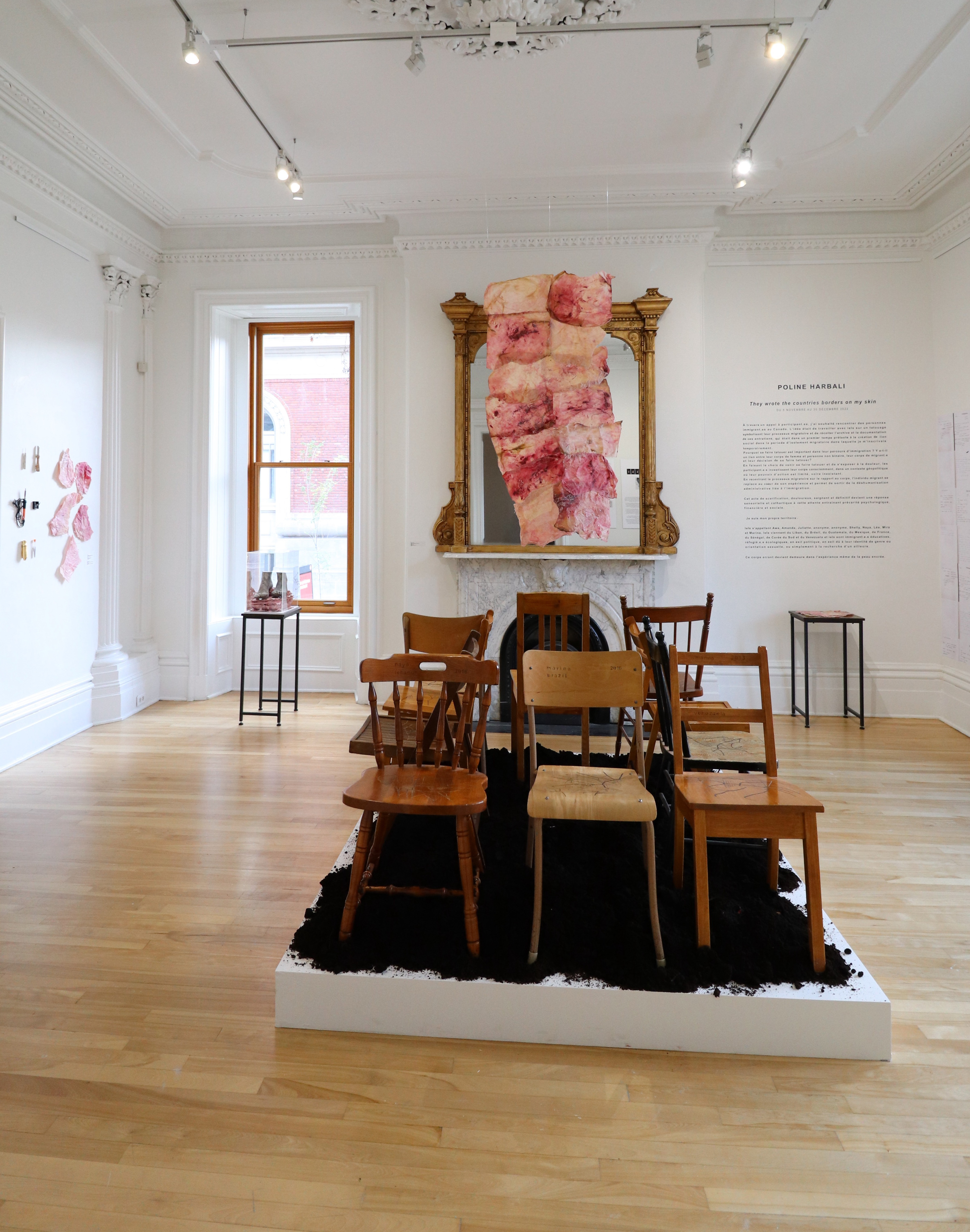 Photograph of "They wrote the countries borders on my skin" exhibition at FAIS-MOI L'ART in Montreal, 2022. Image courtesy of the artist.