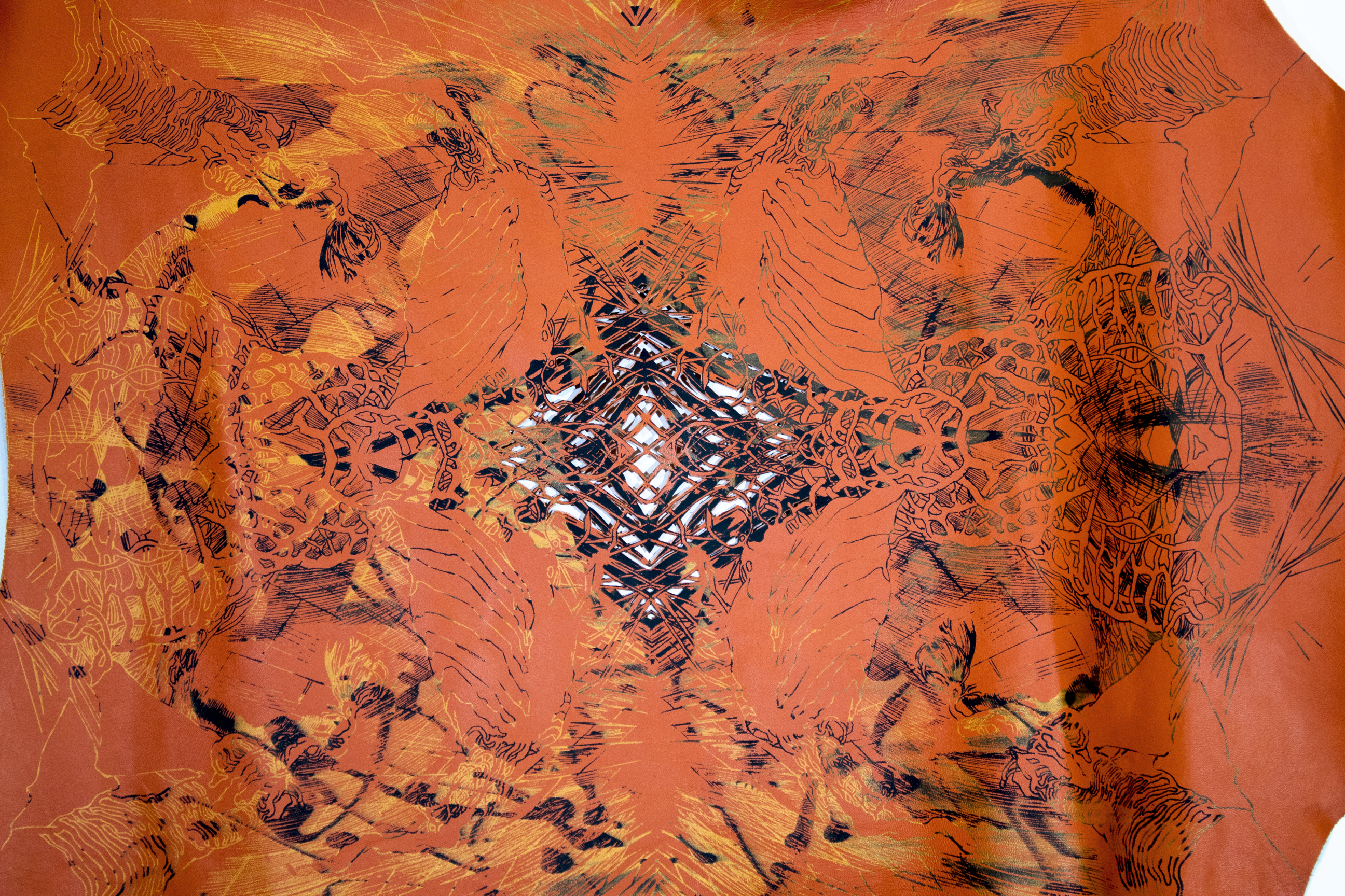 Family Tragedy (detail) (2019), silkscreen on leather, 37 x 28 in / 94 x 71 cm