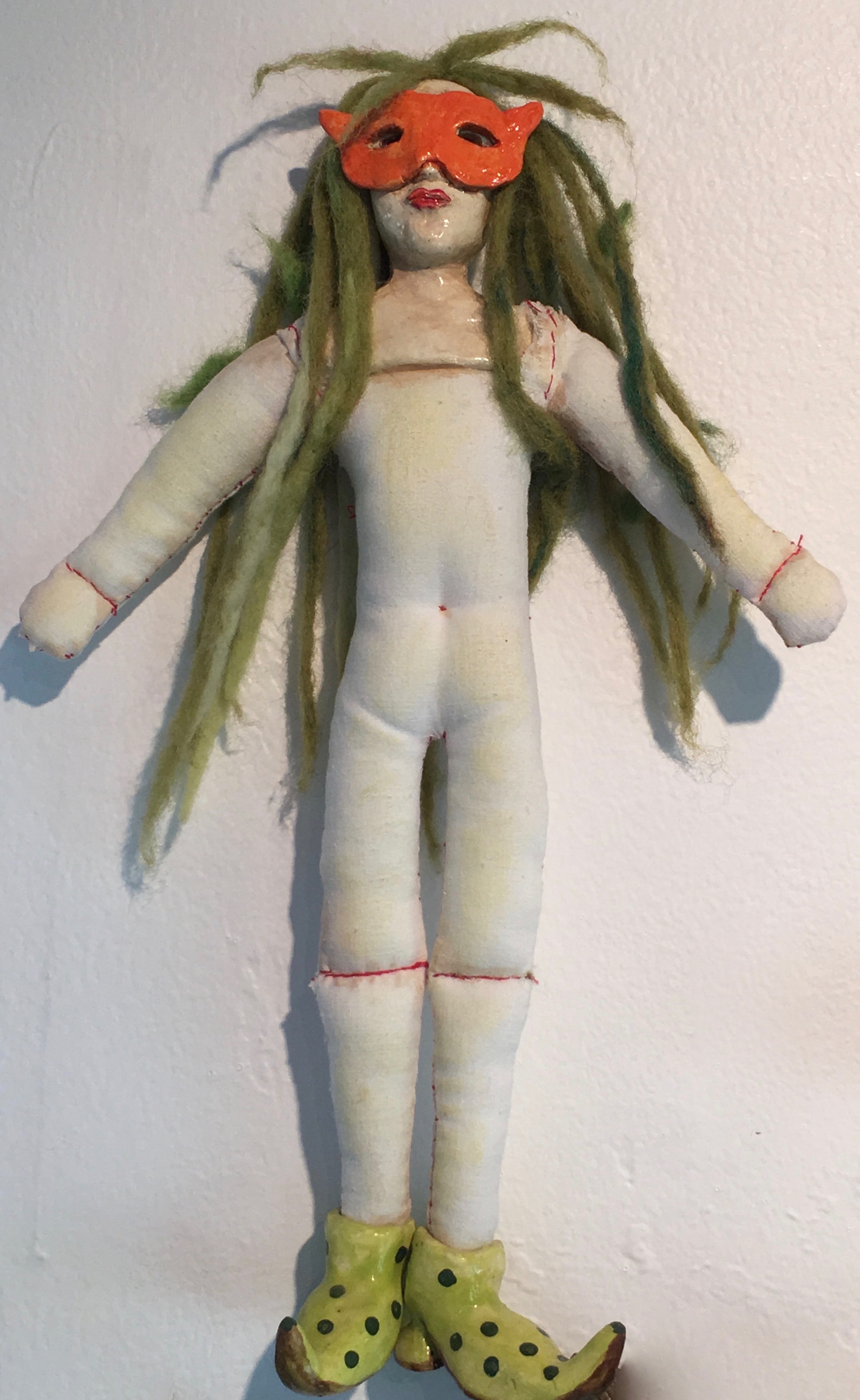 Girl with Green Hair, SOLD → vintage fabric, watercolors, ceramic, felted wool