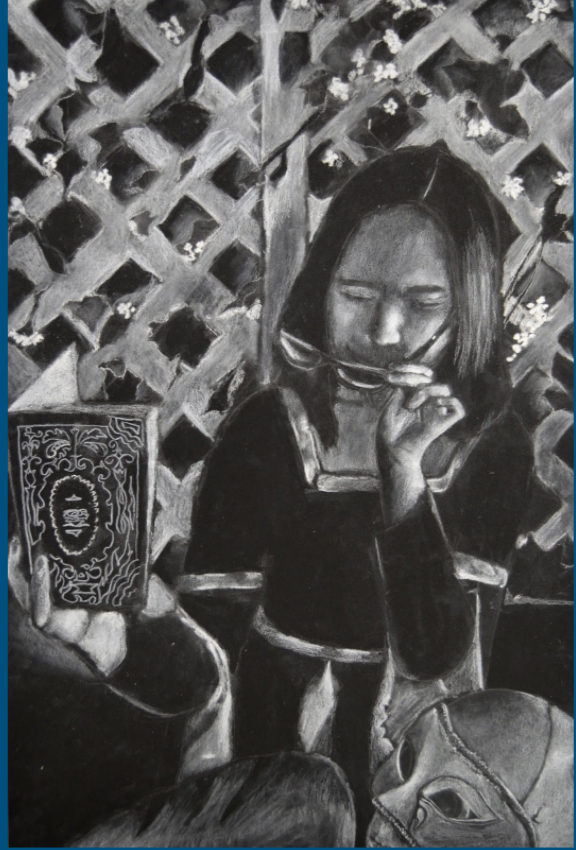 A charcoal drawing of a female figure with squinted eyes holds a pair of glasses with one hand and an open book with another. The figure appears to be trying to read what is in the book.