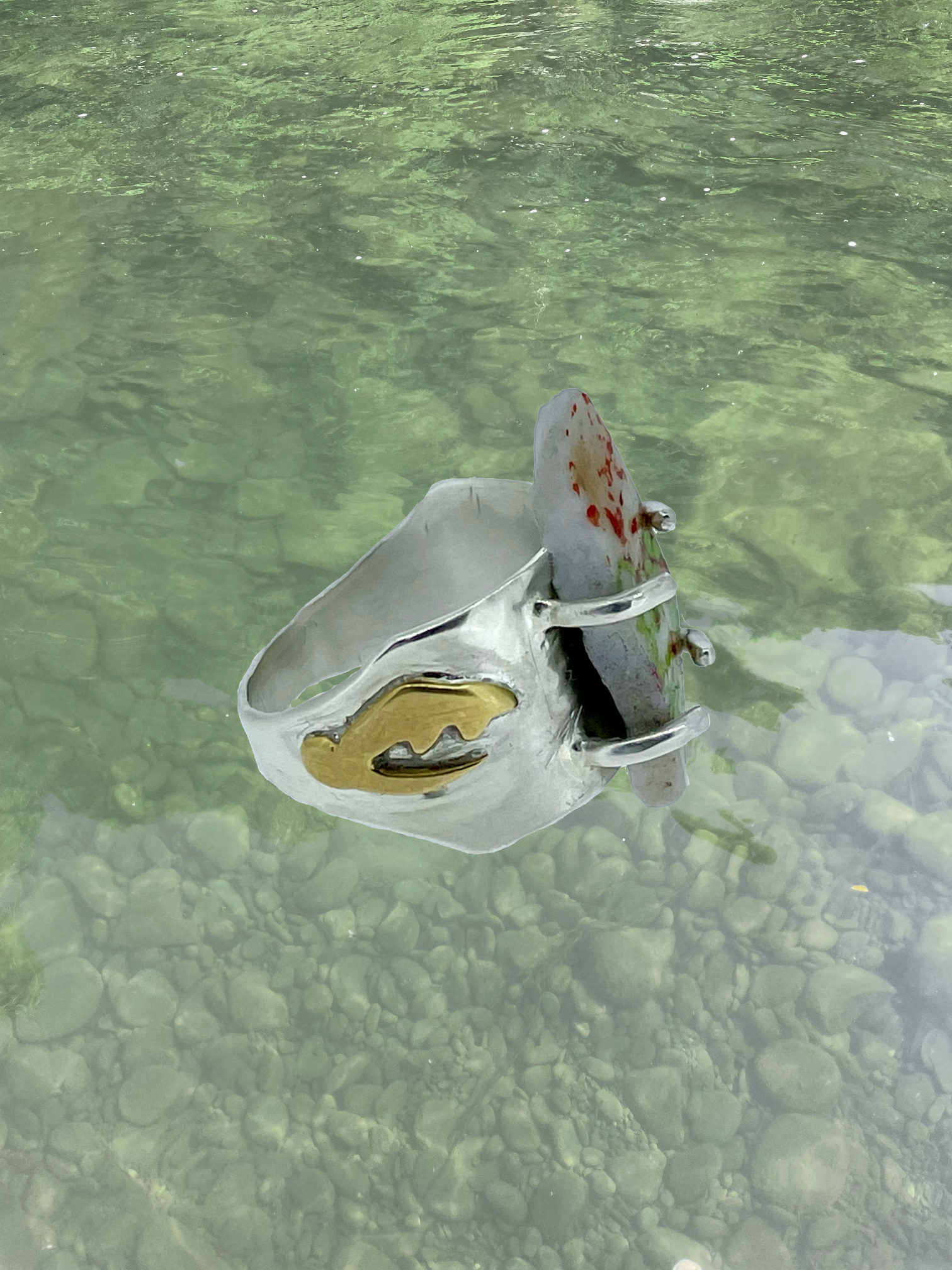 Esopus Ring, silver, brass, found ceramic, 2023