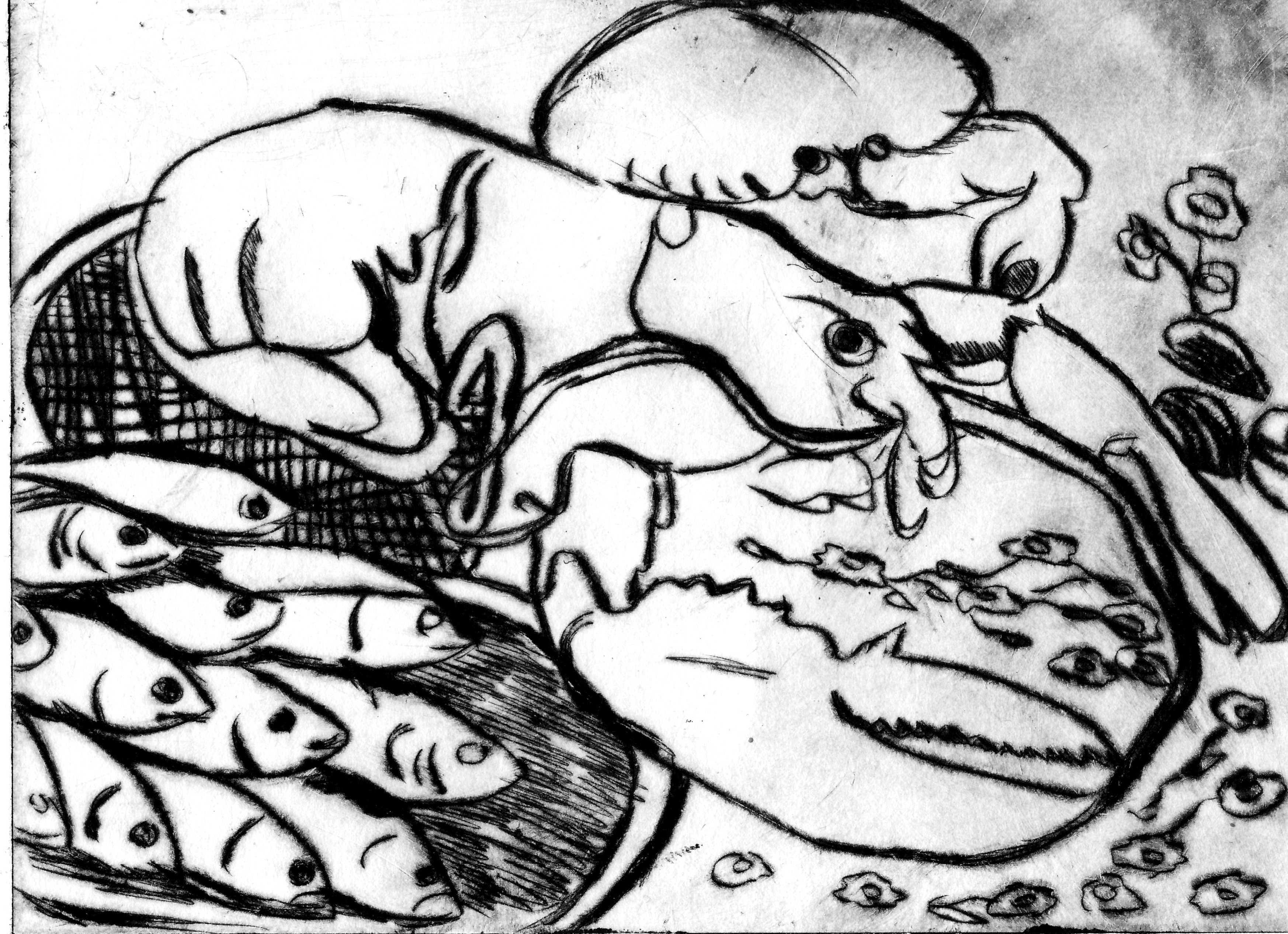 Fruits de mer,gravure pointe sèche,15x11cm