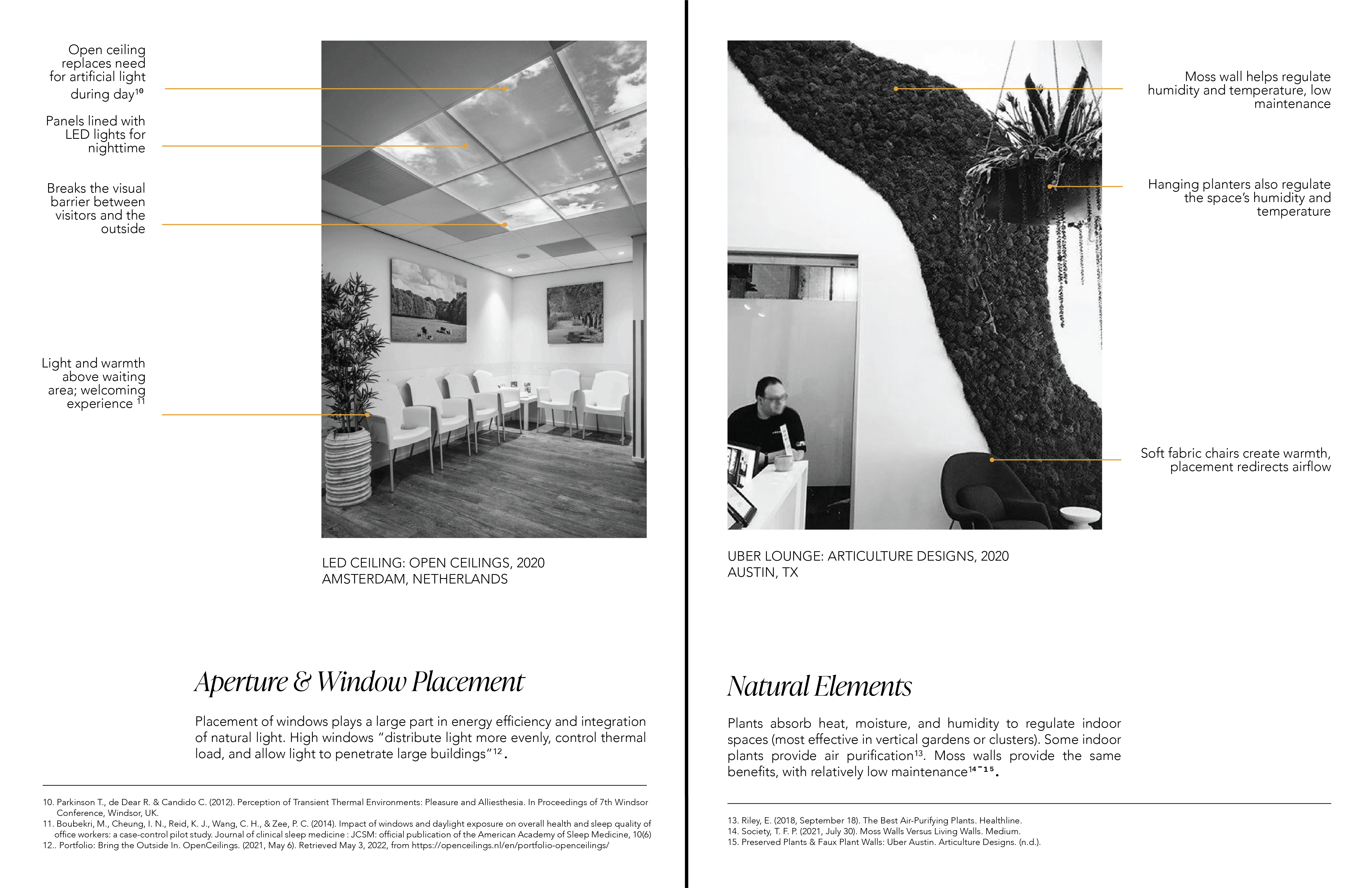 Selected spreads from a 54-page resource document on biophilic design principles for application in healthcare environments. This report was made by my sophomore year studio in collaboration with Weill Cornell Medicine. I was appointed lead graphic designer, independently generated the style guide, oversaw content generation and formatting, and assembled and designed the final document: Adobe InDesign, 2022 