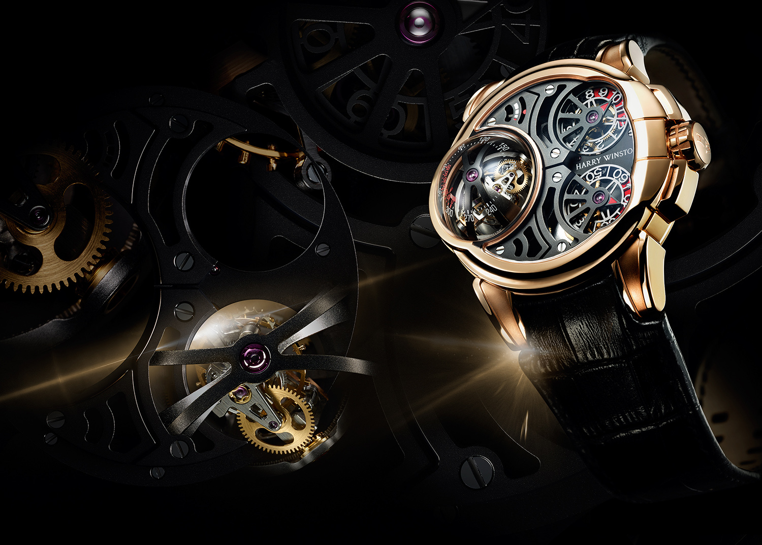 KMA photographer Isabelle Bonjean photographs gold and black Harry Winston watch with black leather strap 