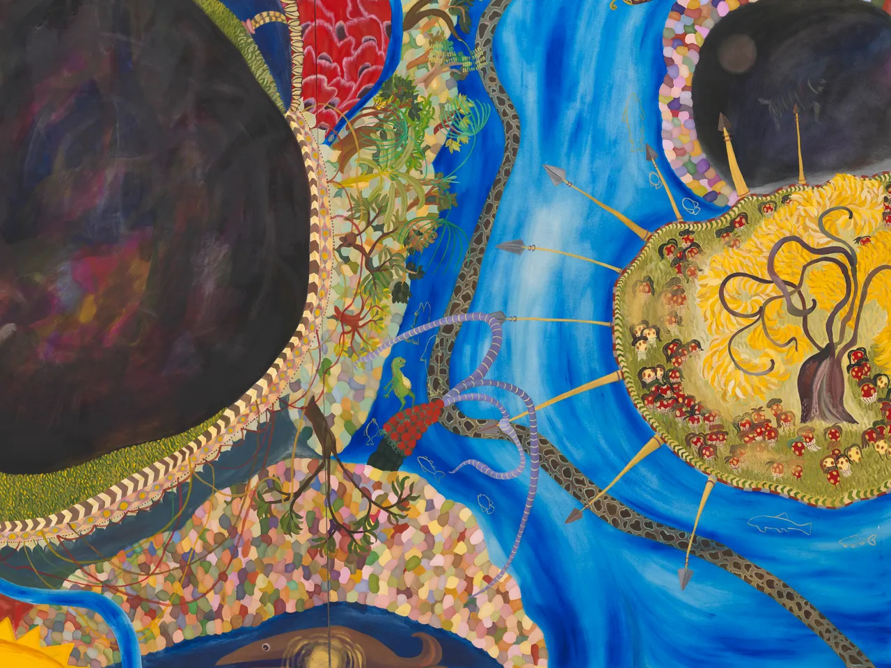 Detail of Facts and hearsay &mdash; an encyclopaedia of various natural and less natural phenomena, acrylic on canvas, 196 x 508 cm, 2024, image courtesy of White Cube, photography by Theo Christelis