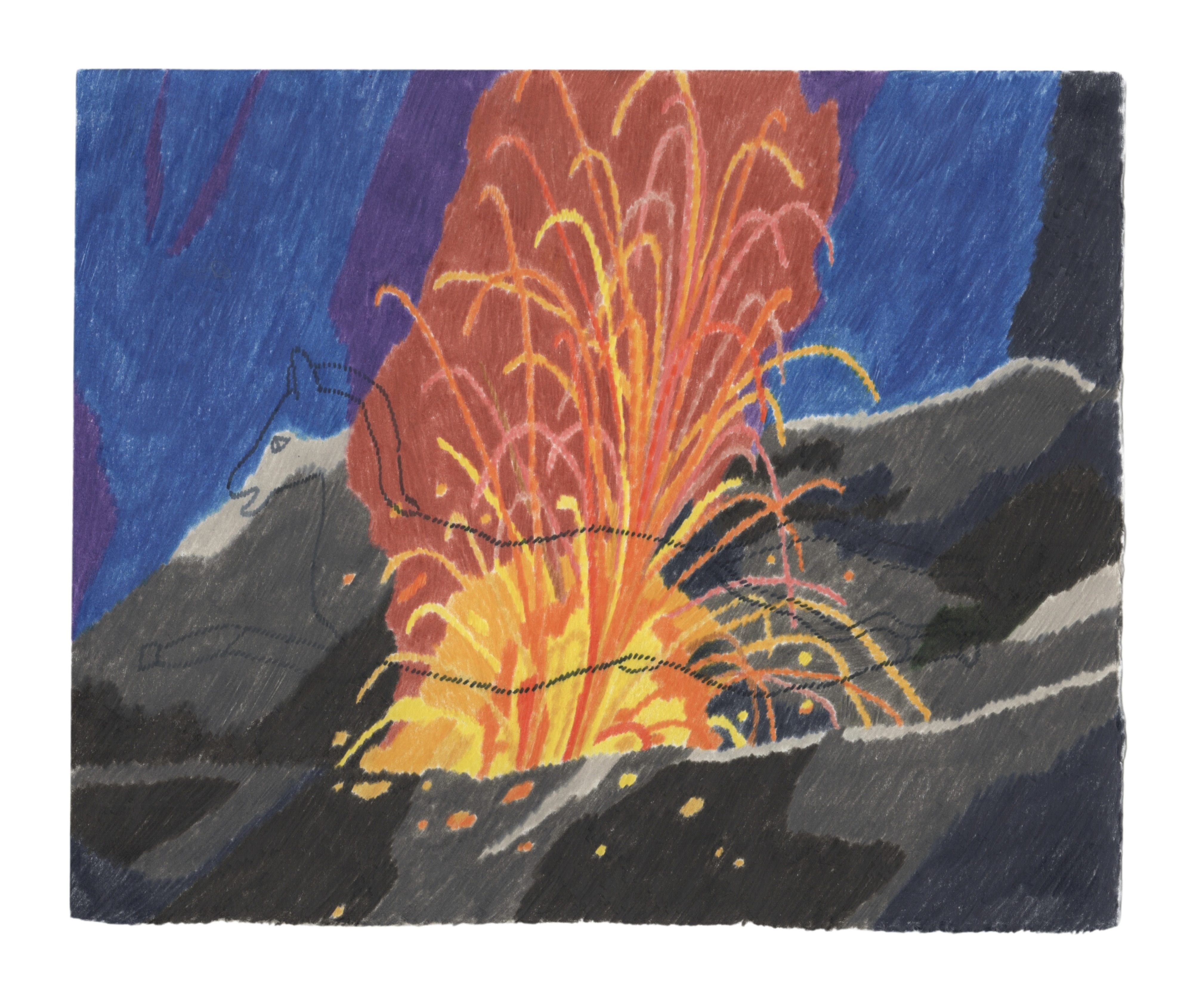 Jumping across the volcano, pen and coloured pencil on paper