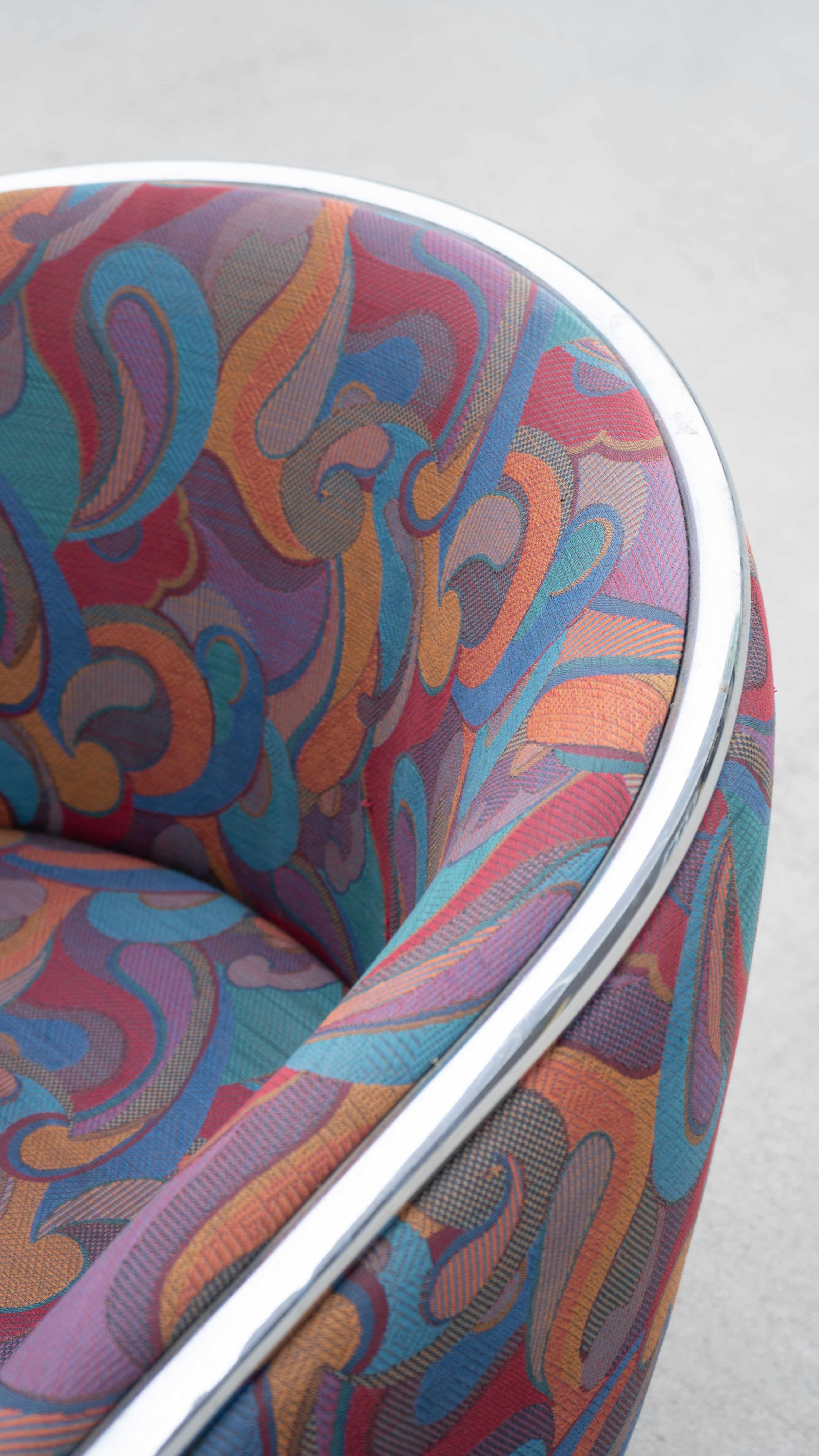 SWEETERFAT THONET CLUB TUB CHROME AND PAISLEY LOUNGE CHAIR, CANTILEVER LOUNGE CHAIR BY JOAN BURGASSER FOR THONET