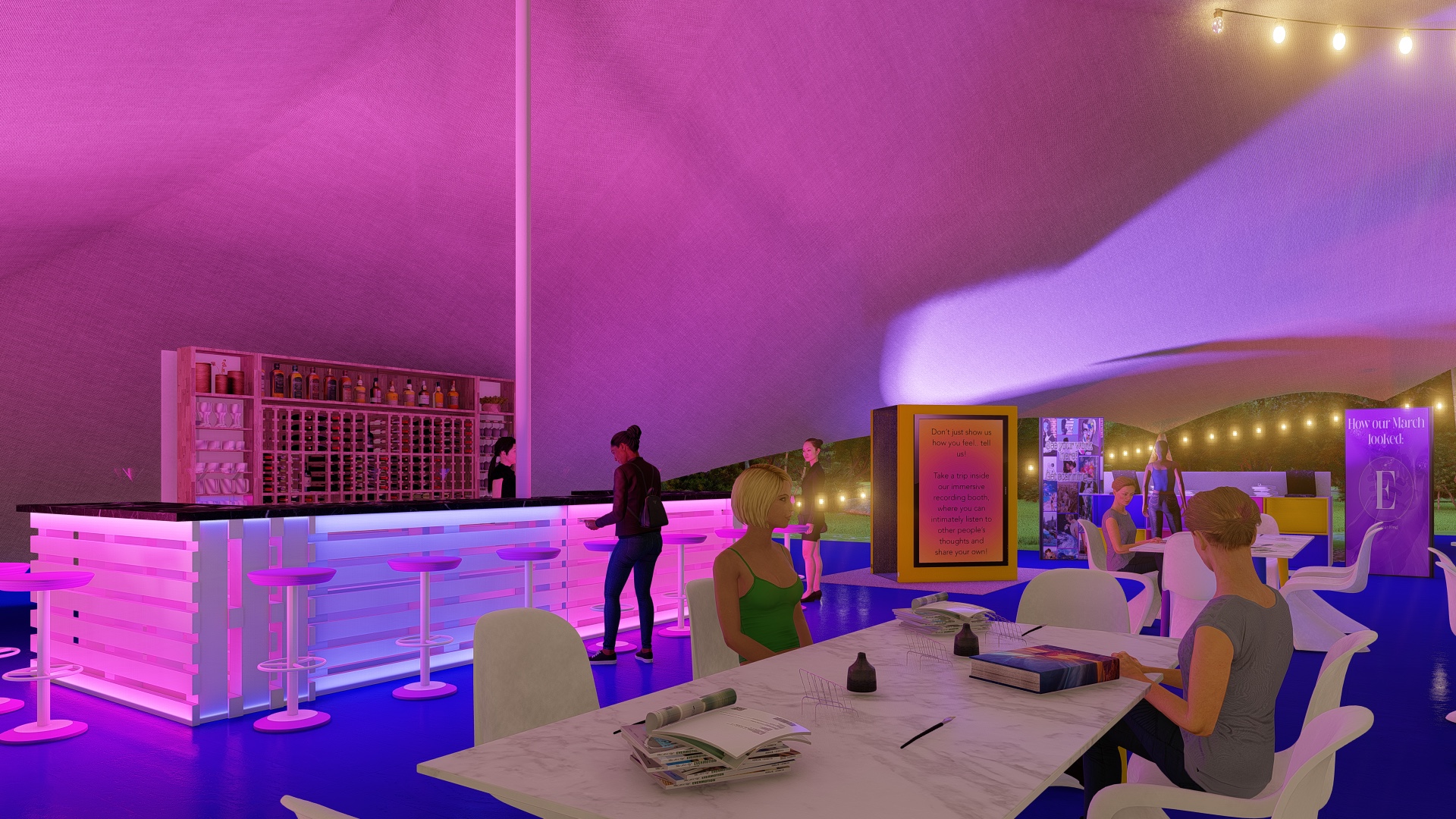 Bar space, zine tables and recording booth