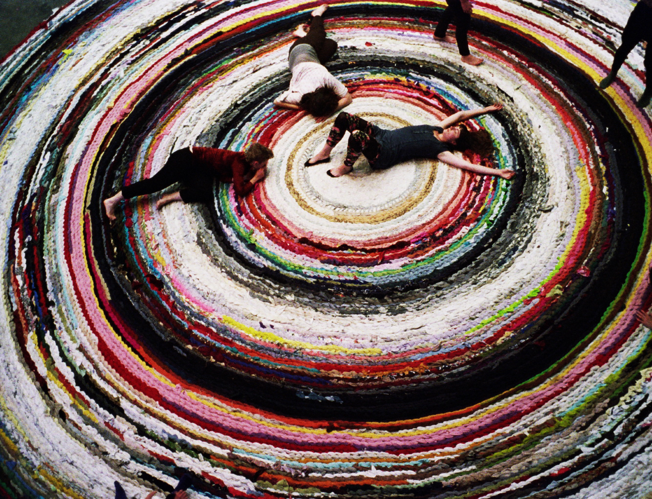 Relay Tuning Informance (on the collective rug, initiated by Fritz Haeg), The Possible, Berkeley Art Museum, 2014. Photo by Nicholas Komodore.