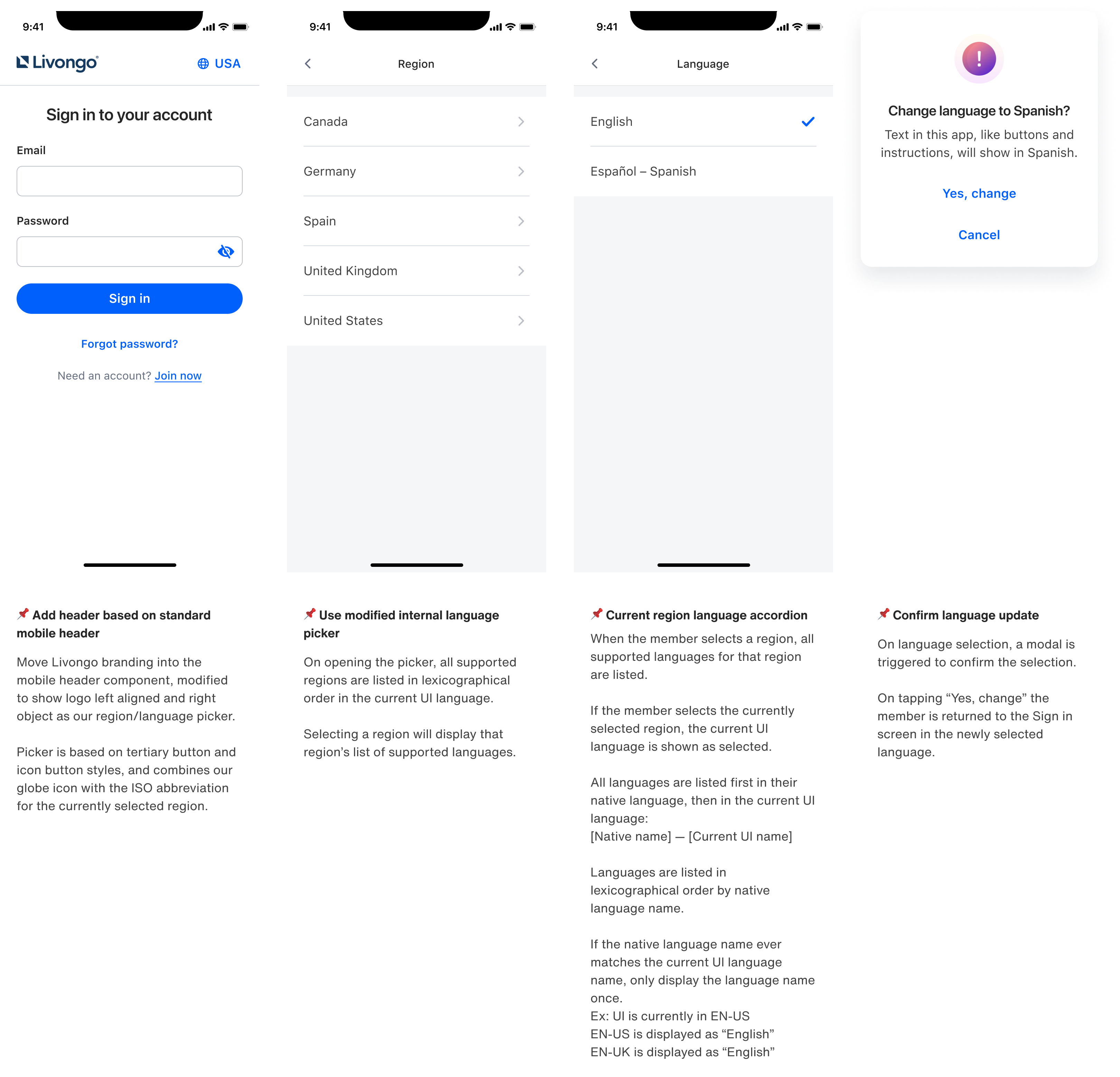 Designs for the mobile app region and language selection pattern when a user has not yet signed in.
