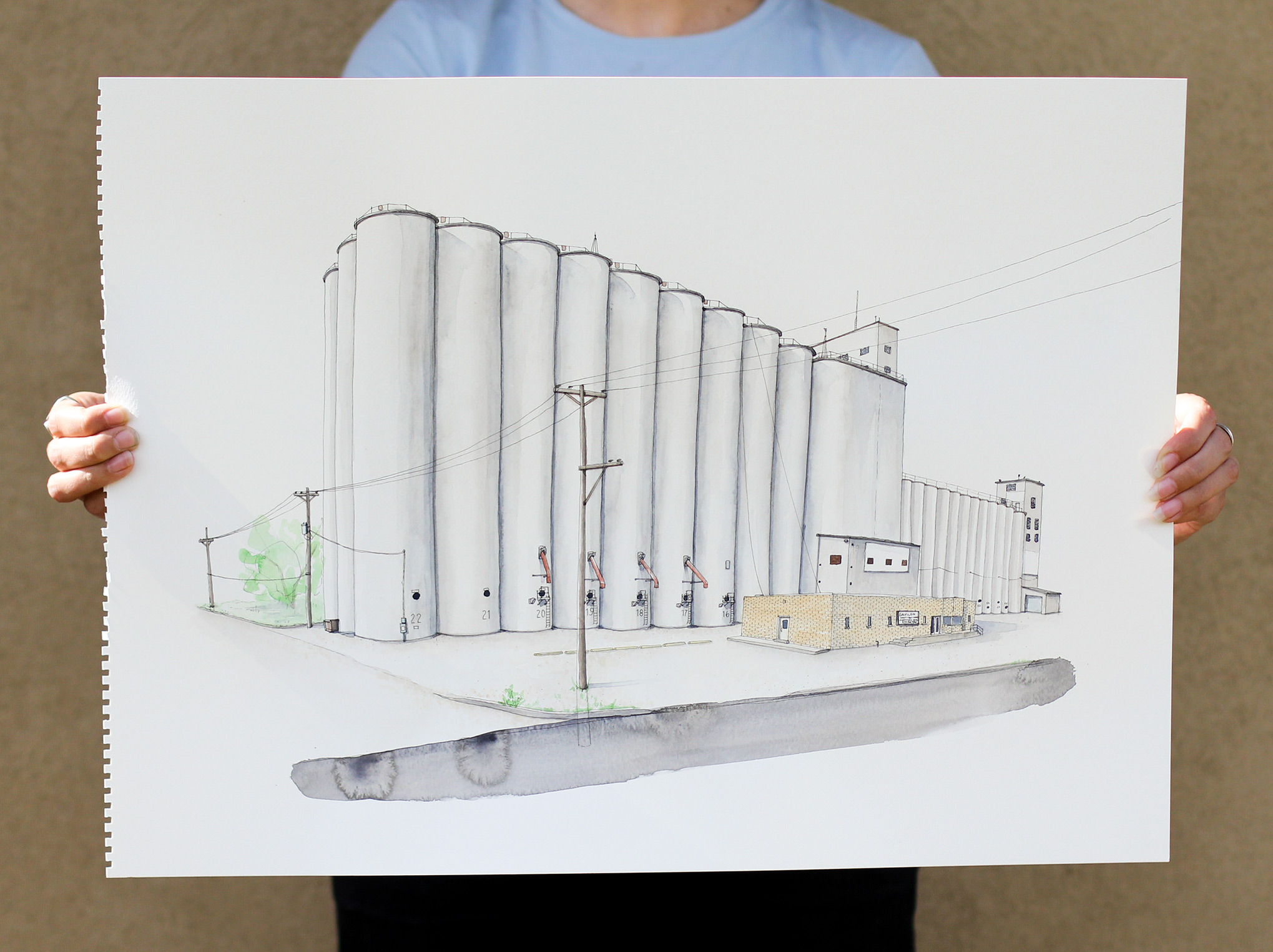 Grey Silos in New Mexico, pen and watercolor 18x24"