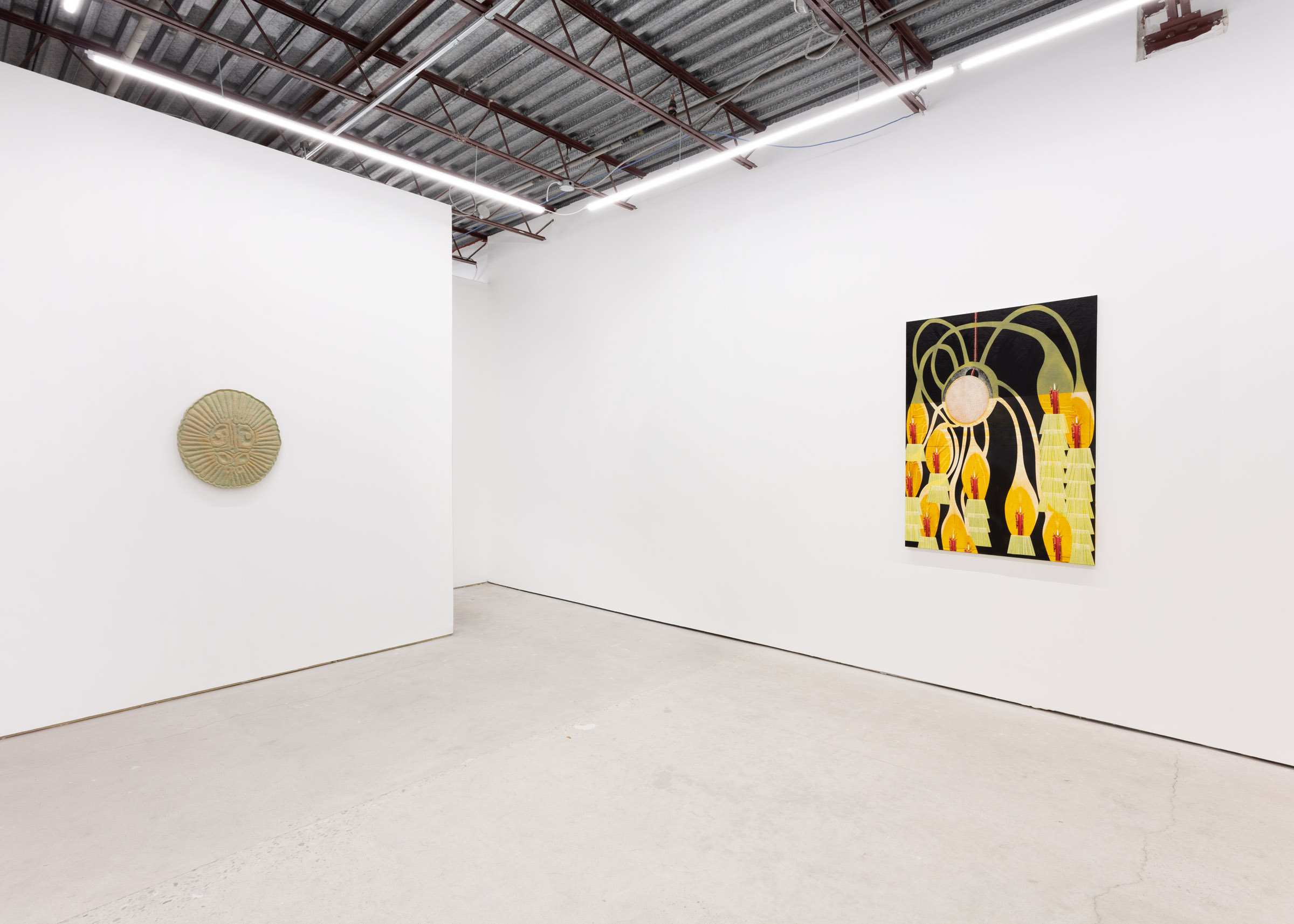 L to R: Megan Feniak trapdoor 2022  limewood, milk paint, earth pigments, Veronika Pausova Core Temperature 50” x 41” Oil on Canvas 2022