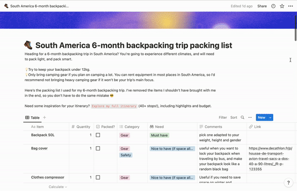 Backpacking South America packing list checklist (Notion template)