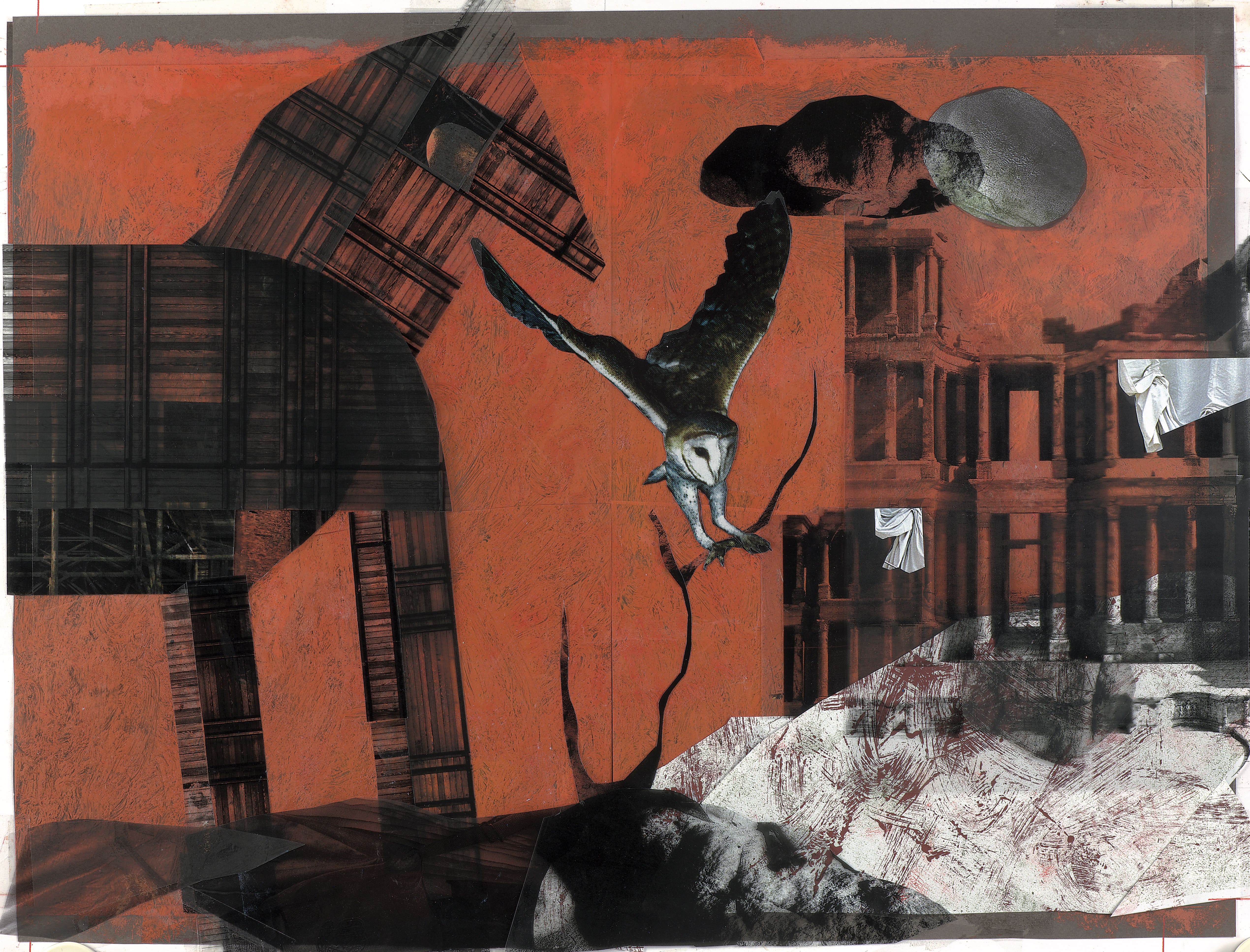 The Troyan HorseOil paint on paper, collage with photo material, 50 x 60cmSerie: The Legend of Troy's Fall/Text: Franz FühmannPublisher: Hinstorff Verlag, Rostock, 2011