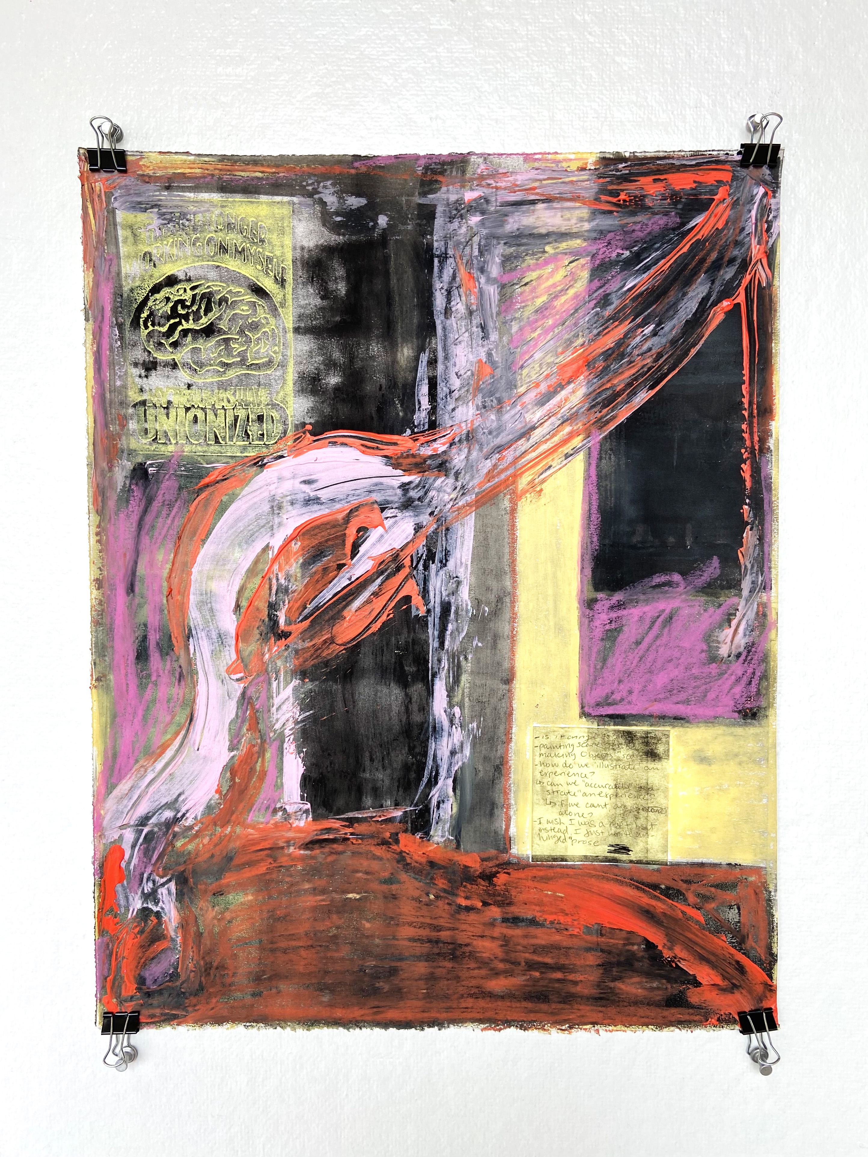 18" x 24" - block printing ink, paint, oil patel, and post-it note on paper (2021)