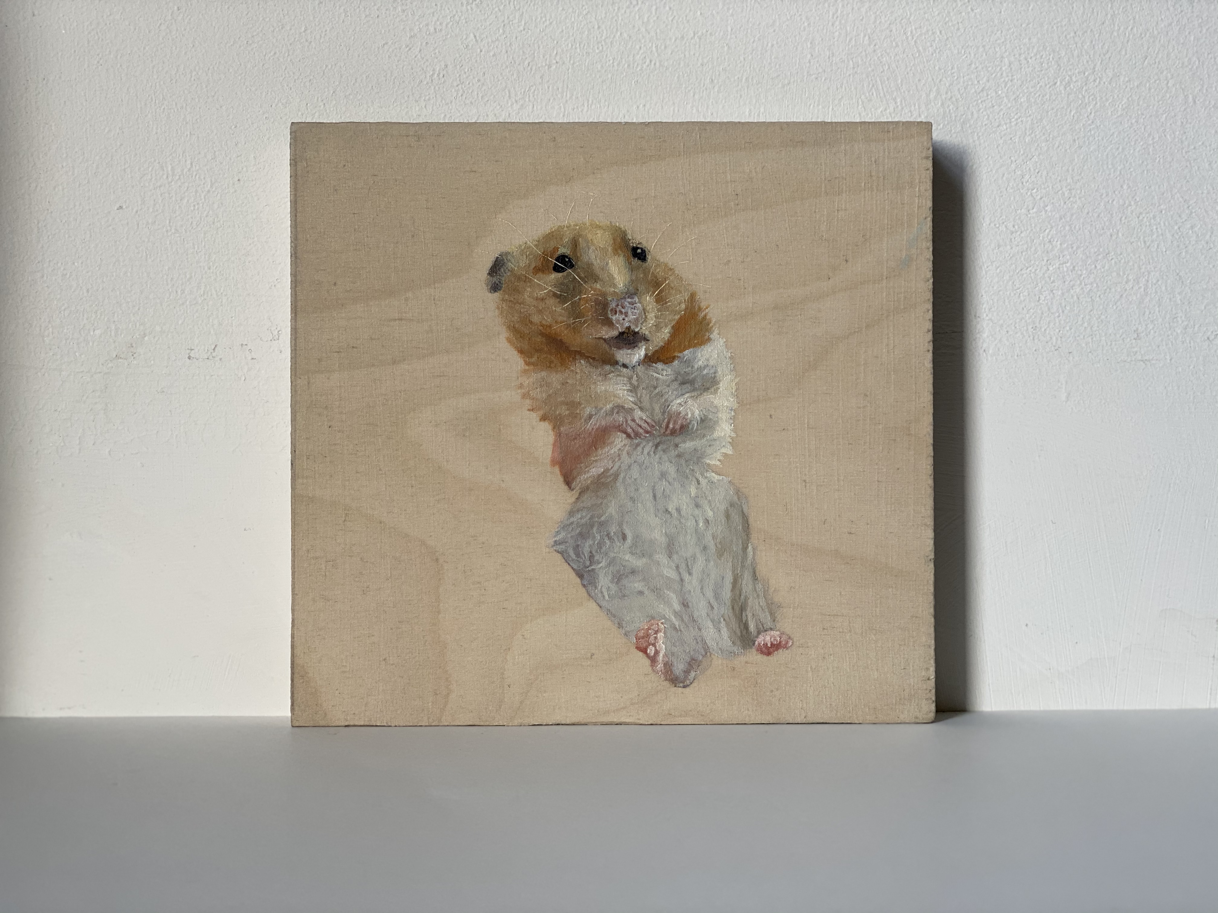 dead pierre   oil on plywood, 13.5 x 14.5 cm   When my pet hamster, Pierre, was dying, I took a photo. I photographed, drew, and painted her often throughout her short life, so it felt as though such an event should be no exception. As soon as I put my camera phone down, she was dead, so the image I worked from is the very moment she died. At the time, I was writing my dissertation on the concept of ‘The Rainbow Bridge’, a sort of backdoor into heaven for pets. I wondered, if a heaven exists, would Pierre be ascending, or suspended mid-air, in hamster limbo. 