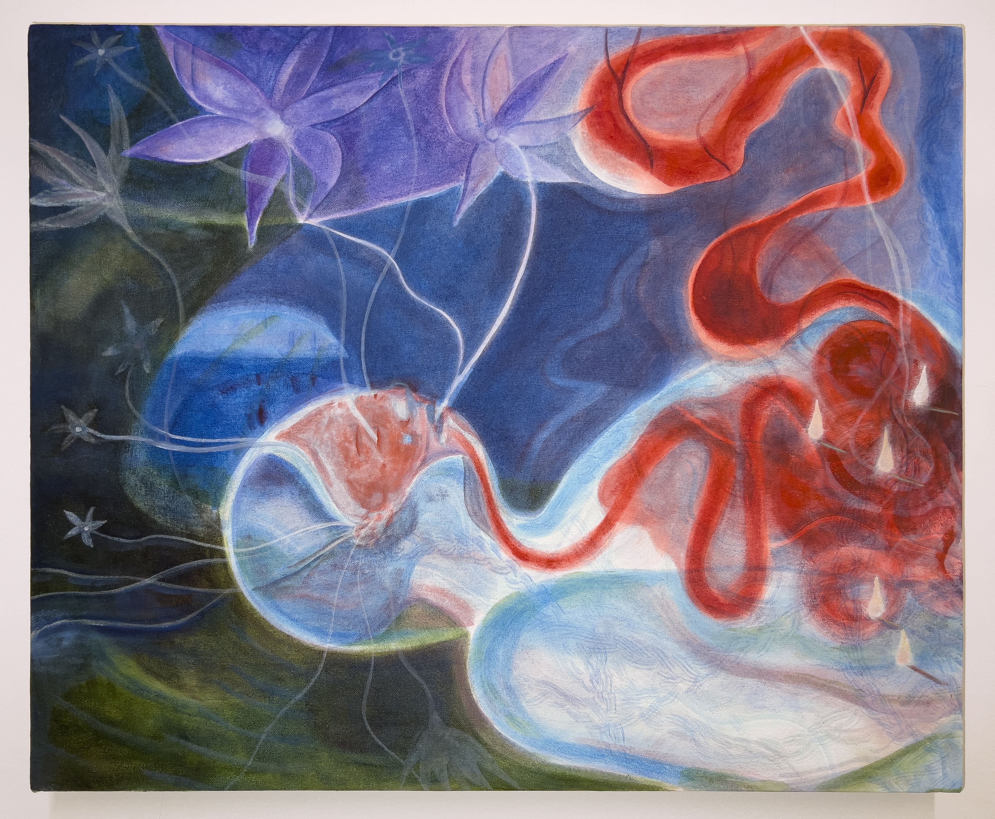 Flowering, 2023. Acrylic, watercolor, and flashe on canvas. 23 x 20 inches.