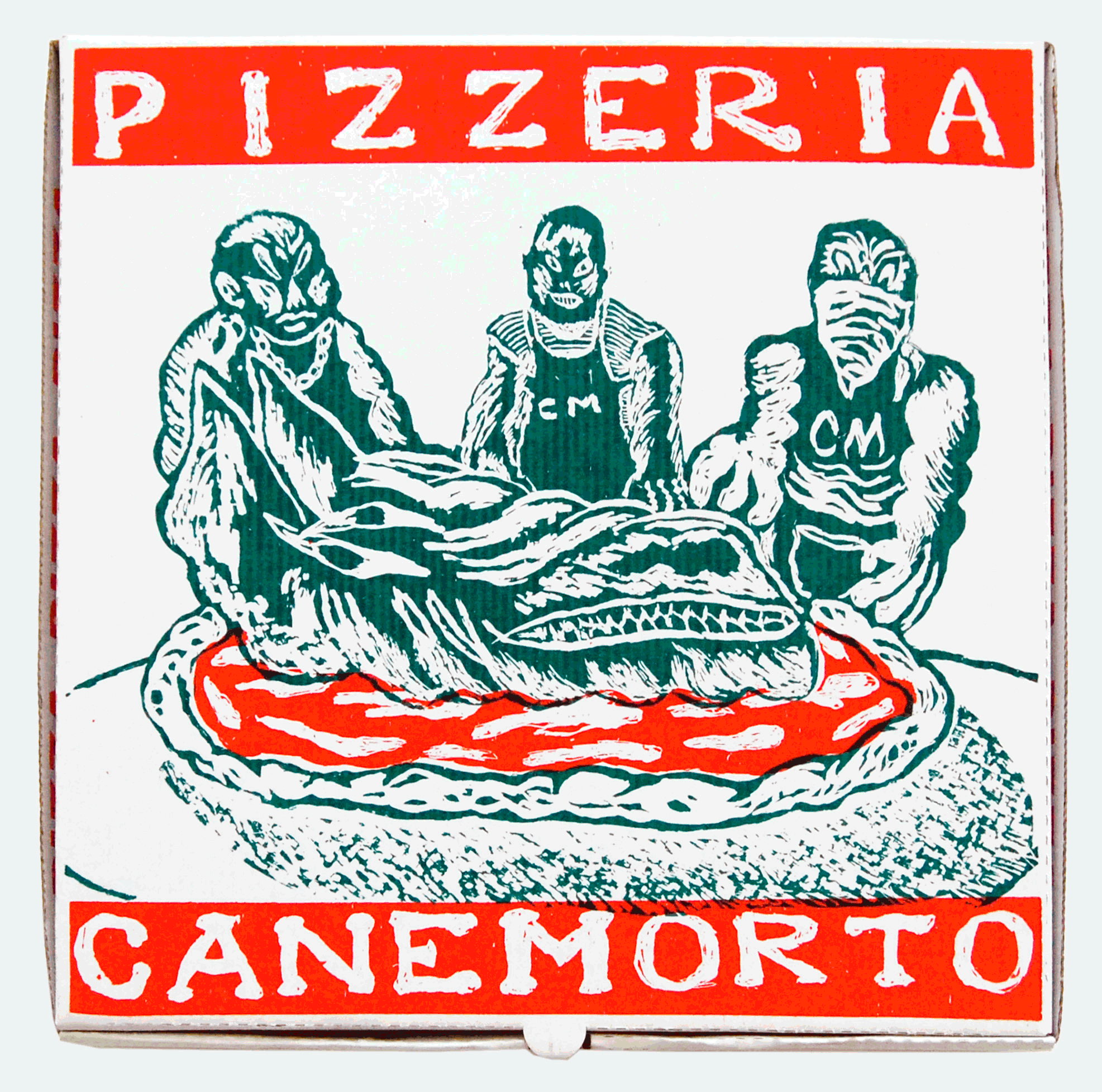 PIZZERIA DA CANEMORTOpapier-mache sculpture with screen printed box, produced by Word Out Editions, edition of 10, 32x32x3cm, 2017