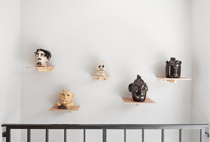 Son Ford Thomas Self Portrait 1988–90; Burgess Dulaney Devil 1993; Son Ford Thomas Scull 1988–90; Jerry Brown Jug 4 (Teeth and Tear) 1991; Jug 3 (Alcool Tue Lentement) 1991 Photo: Alex Delfanne