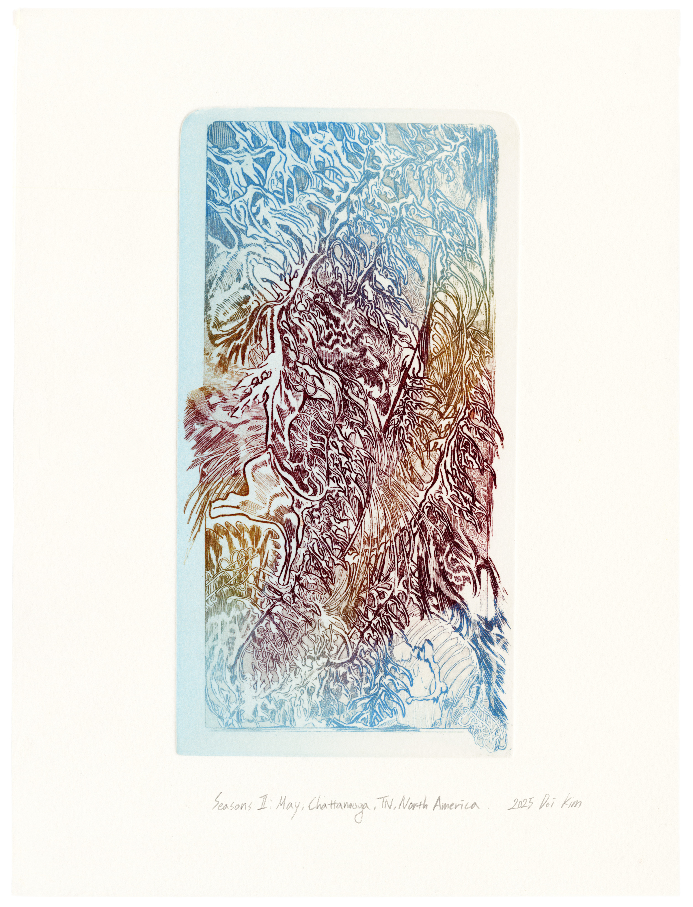 Seasons II: May, Chattanooga, TN, North America (2025), Ink on aquatint, Paper dimensions: 25.5 x 20 cm / 10 x 7.8 in, Image dimensions: 19.5 x 10 cm / 7.6 x 4 in