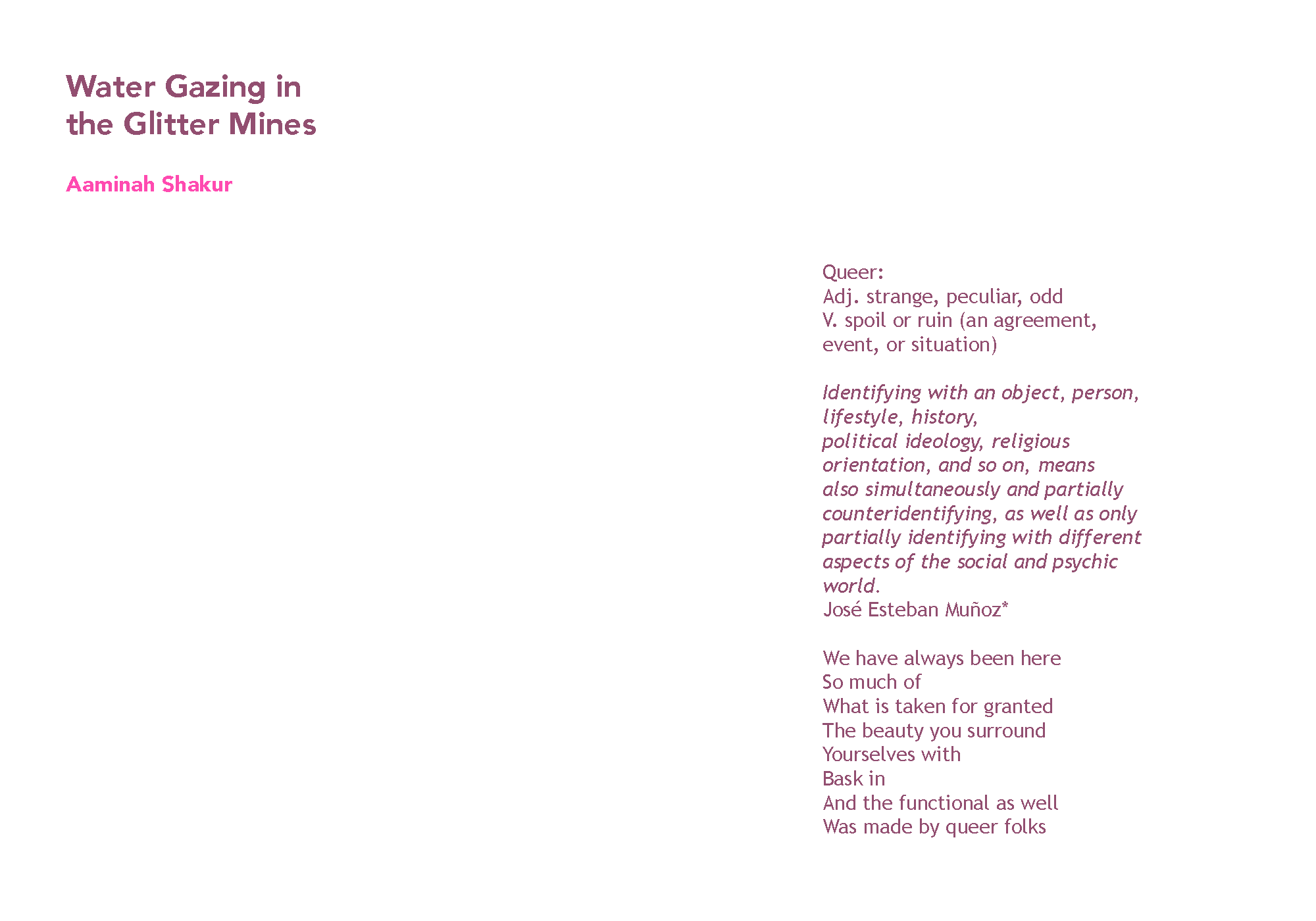 Scroll-through images of Aaminah Shakur’s poem “Water Gazing in the Glitter Mines” in magenta and Burgundy text.