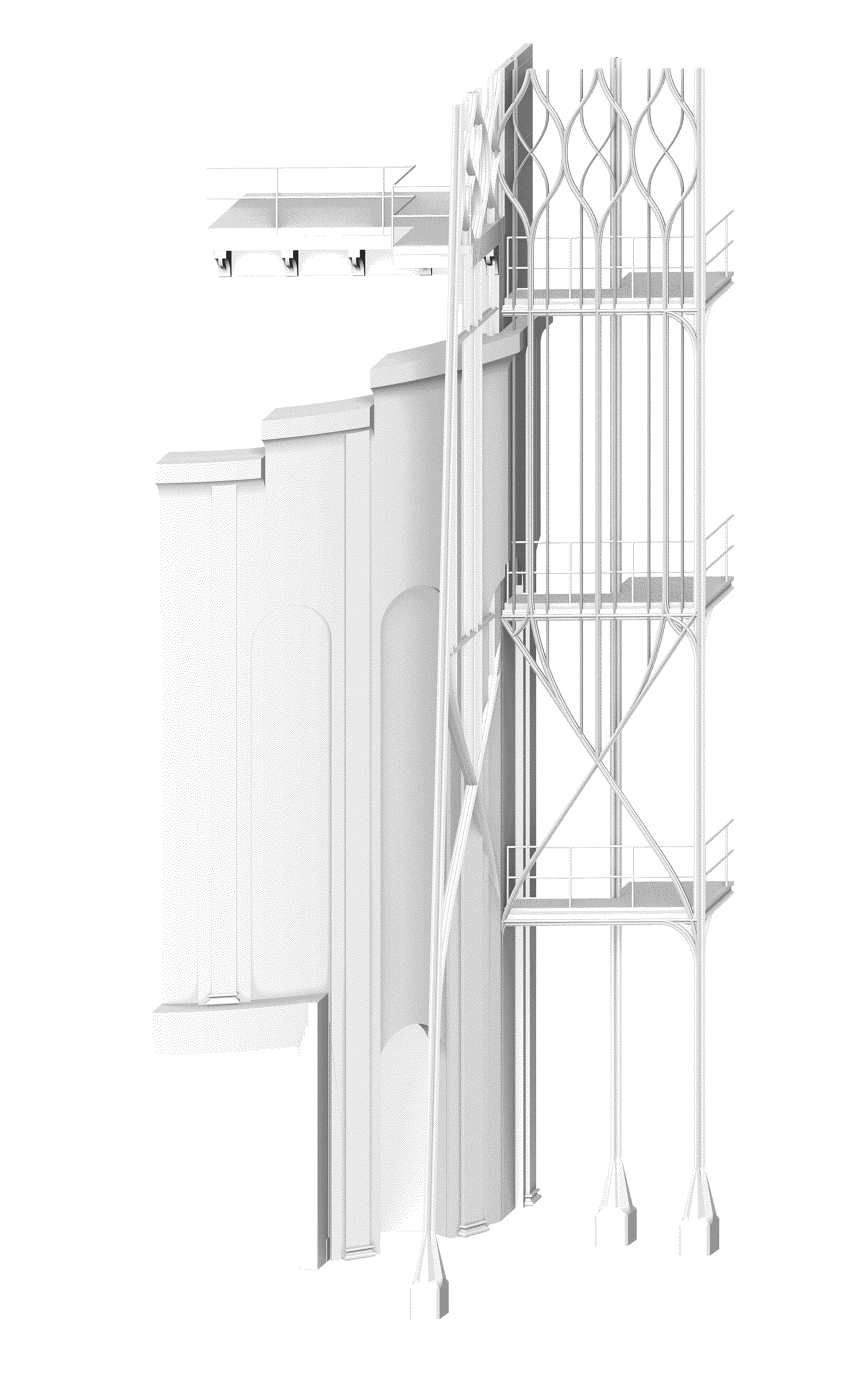 In order to presevere this logic the monumental part took elements of a romanesque church with more rectangular tectonic. The steel structure was turned into an agglomeration of gothic perpendicular traceries, which have its origin from the primary structure and is slowly taking the gothic logic in the hight.
