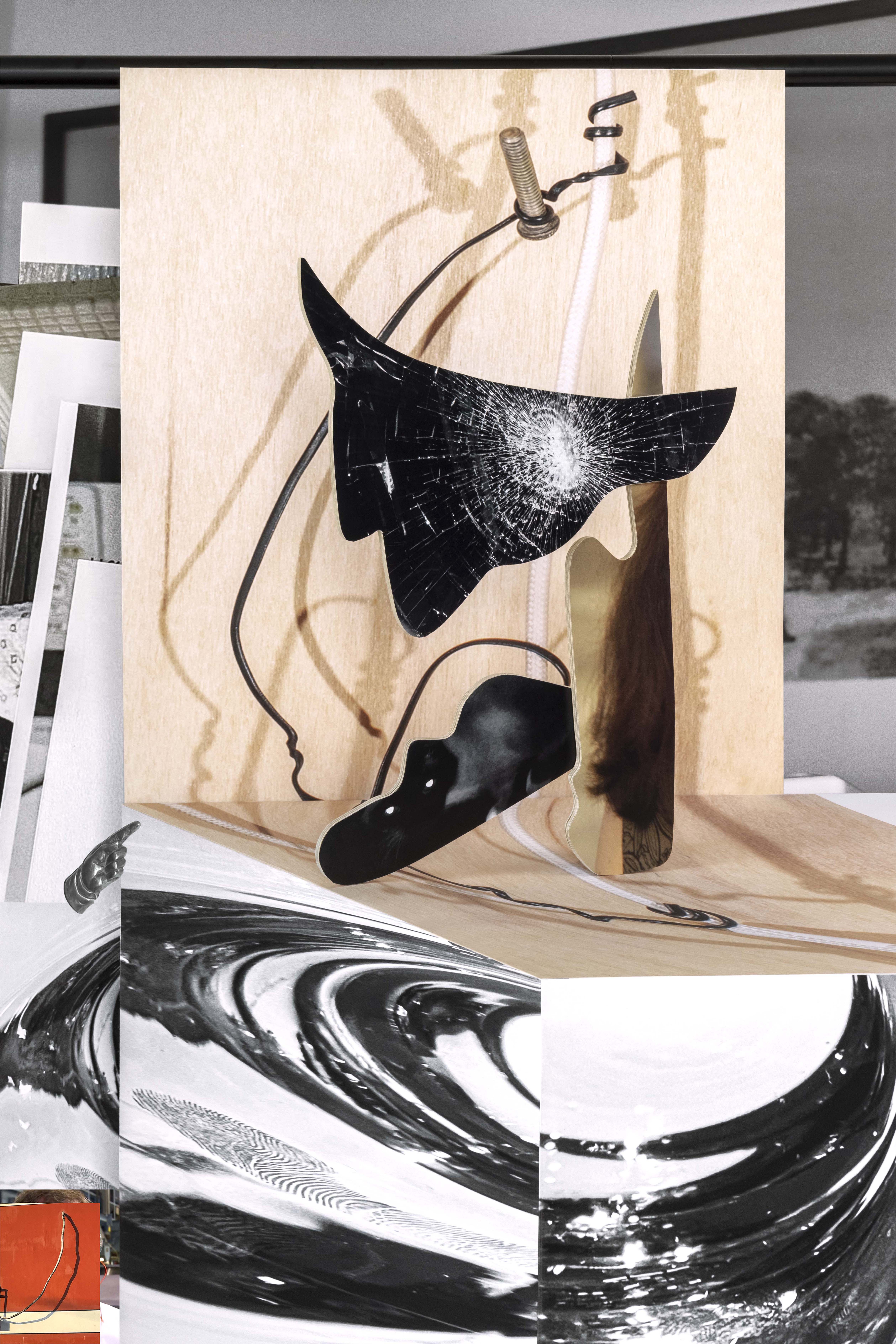 Softly Amorphous (shattered window, wires, fingerprints, glass cup), 2023 