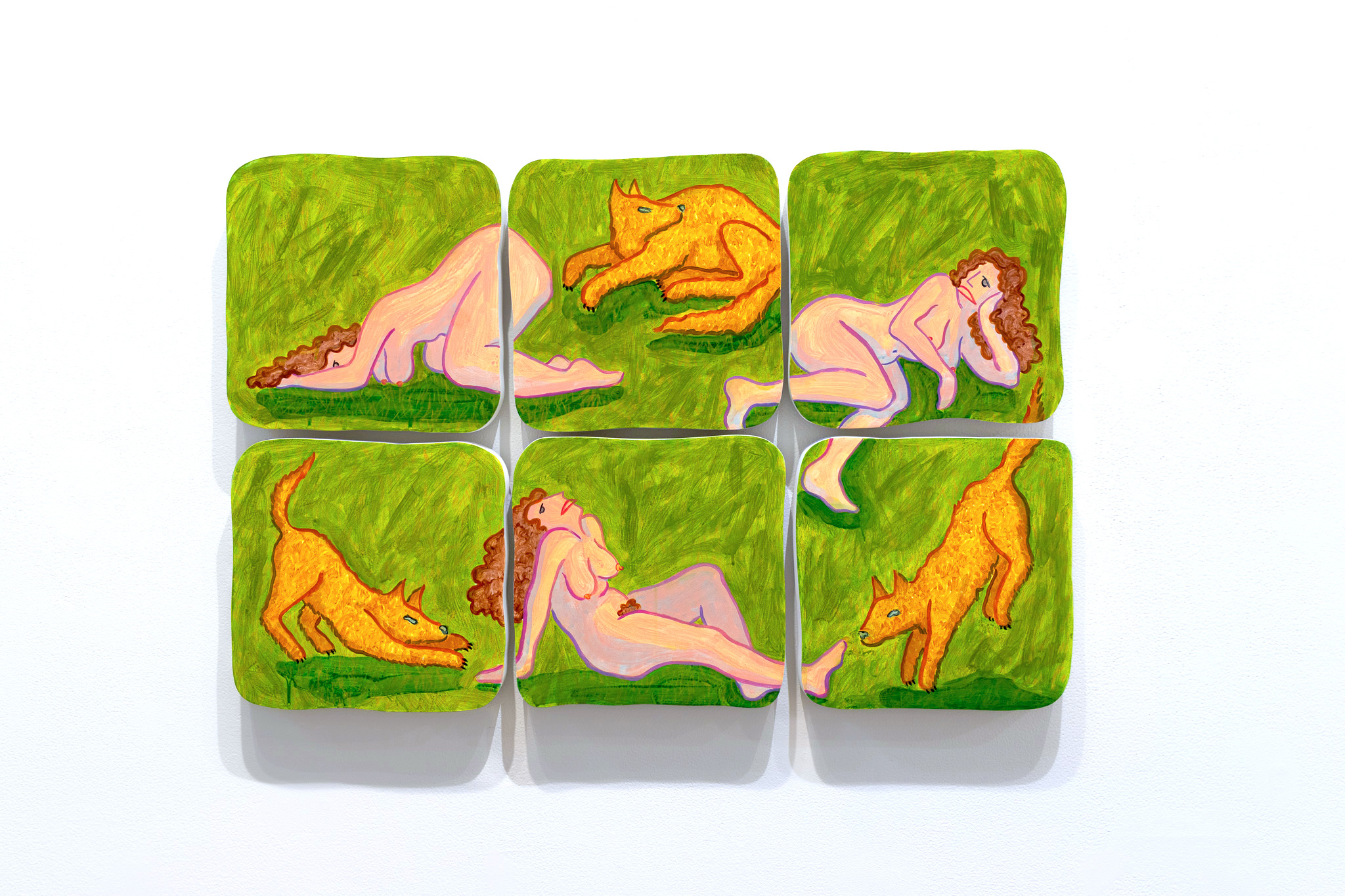 Six Hounds  2021, 2’ x 3’ x 2.5”, acrylic on panel