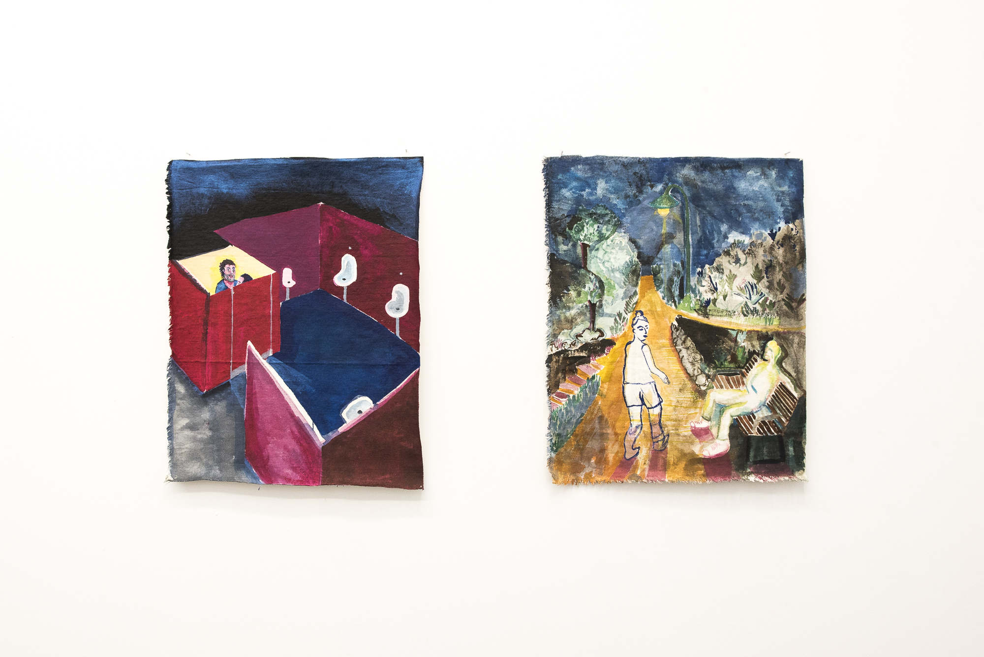 Left: Innocuous (-37.805088, 144.986200) Acrylic on canvas, 35x45cm, 2019 Right: night stroll (-37.812315, 144.979381) Acrylic and watercolour on canvas, 35x45cm, 2019
