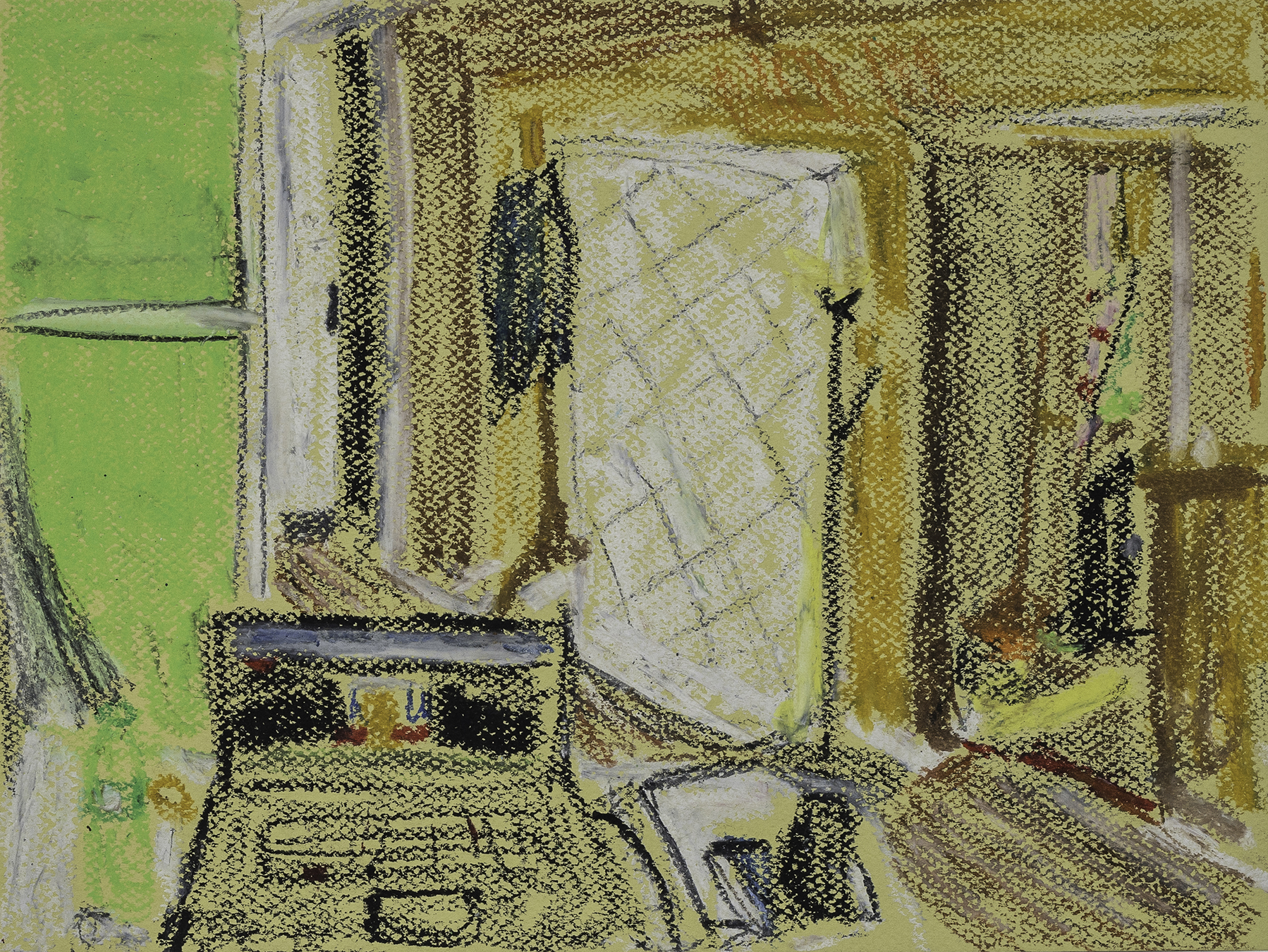 View from My Room in The Hall Way at the Basement   (2021)  Interiorism & Exteriorism  12 x 9 in  Oil Bar on Cotton Paper