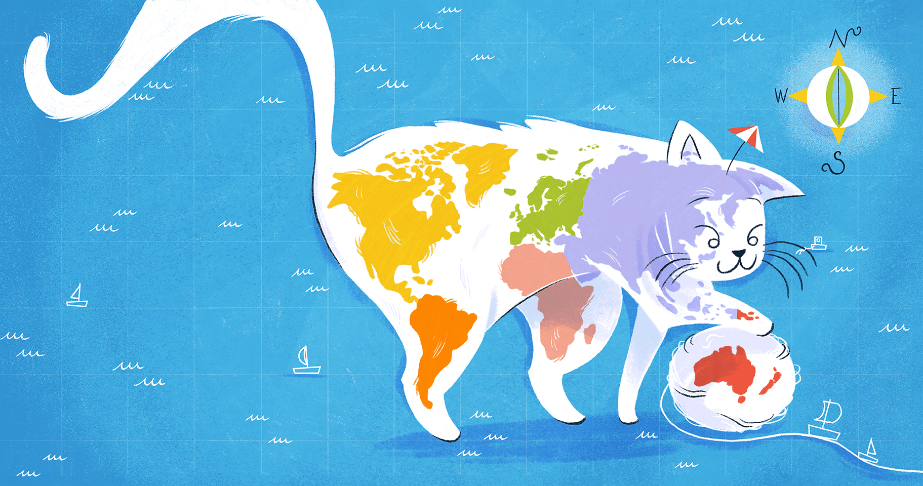 Map of the world in the shape of a cat, playing with a ball of wool shaped as Australia