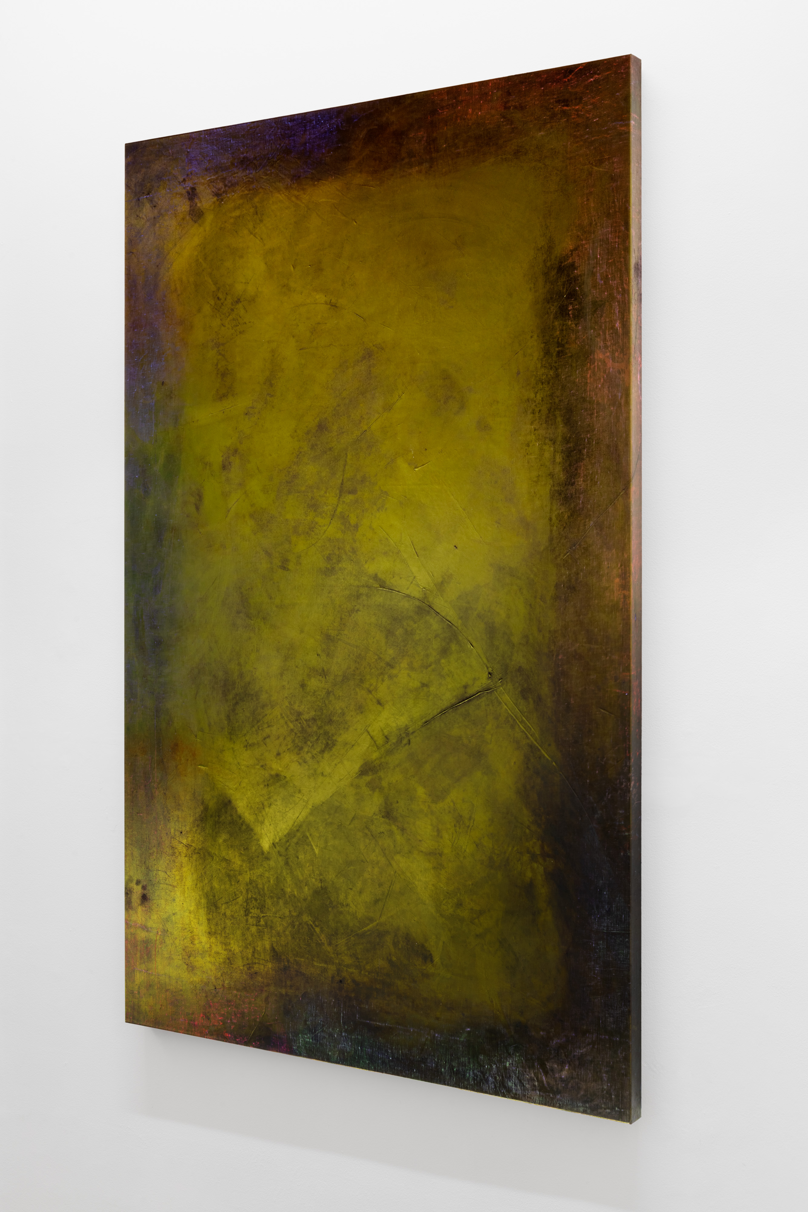 Mineral Painting (World tangled up in creepers, syllables, woodbine, colours and words), Azurite, Tyrian, Cinnabar, malachite, nickel, phosphorescence, Bronze, Acrylic on Linen, 160 x 100cm. Photo: Laura Moore 	