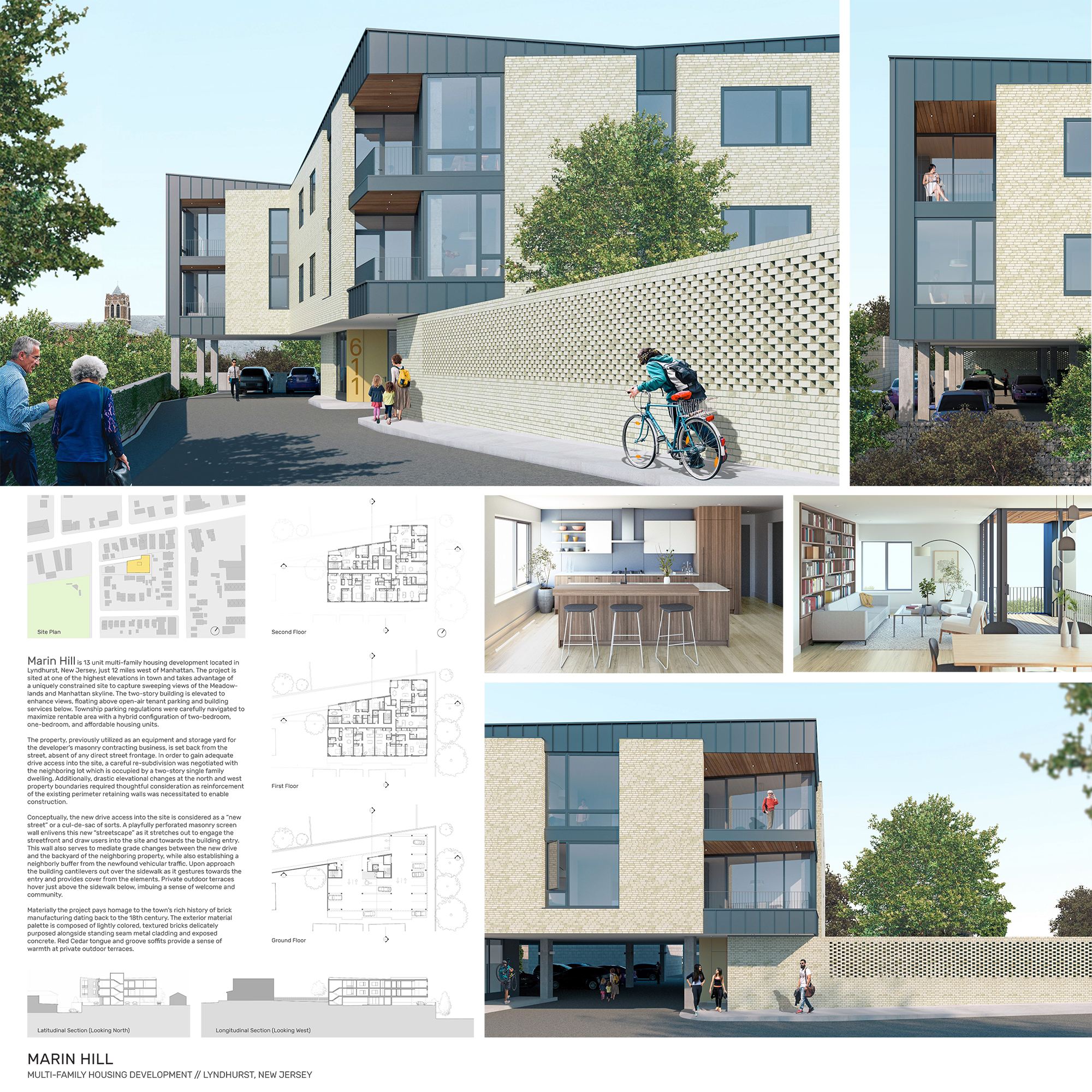 Project board detail displaying renderings, floor plans, and descriptive text for the award-winning Marin Hill development.