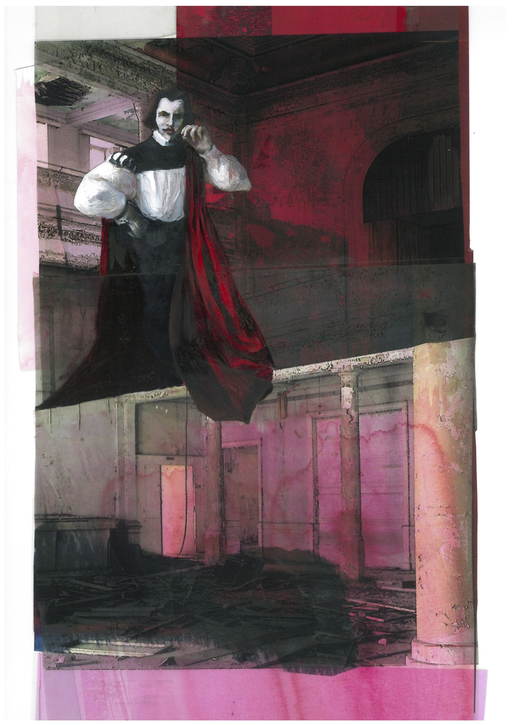 ClaudiusOil paint on paper, collage with photo materialSerie: Hamlet/ Text: Bruno Blume, 28x44cmPublisher: Kwasi Verlag, Bern, 2016